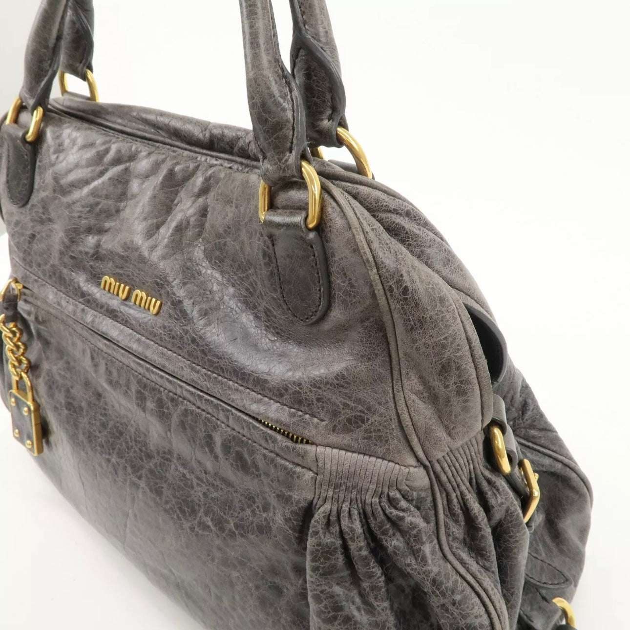 MIU MIU Leather Shoulder Bag Gray Gold Hardware