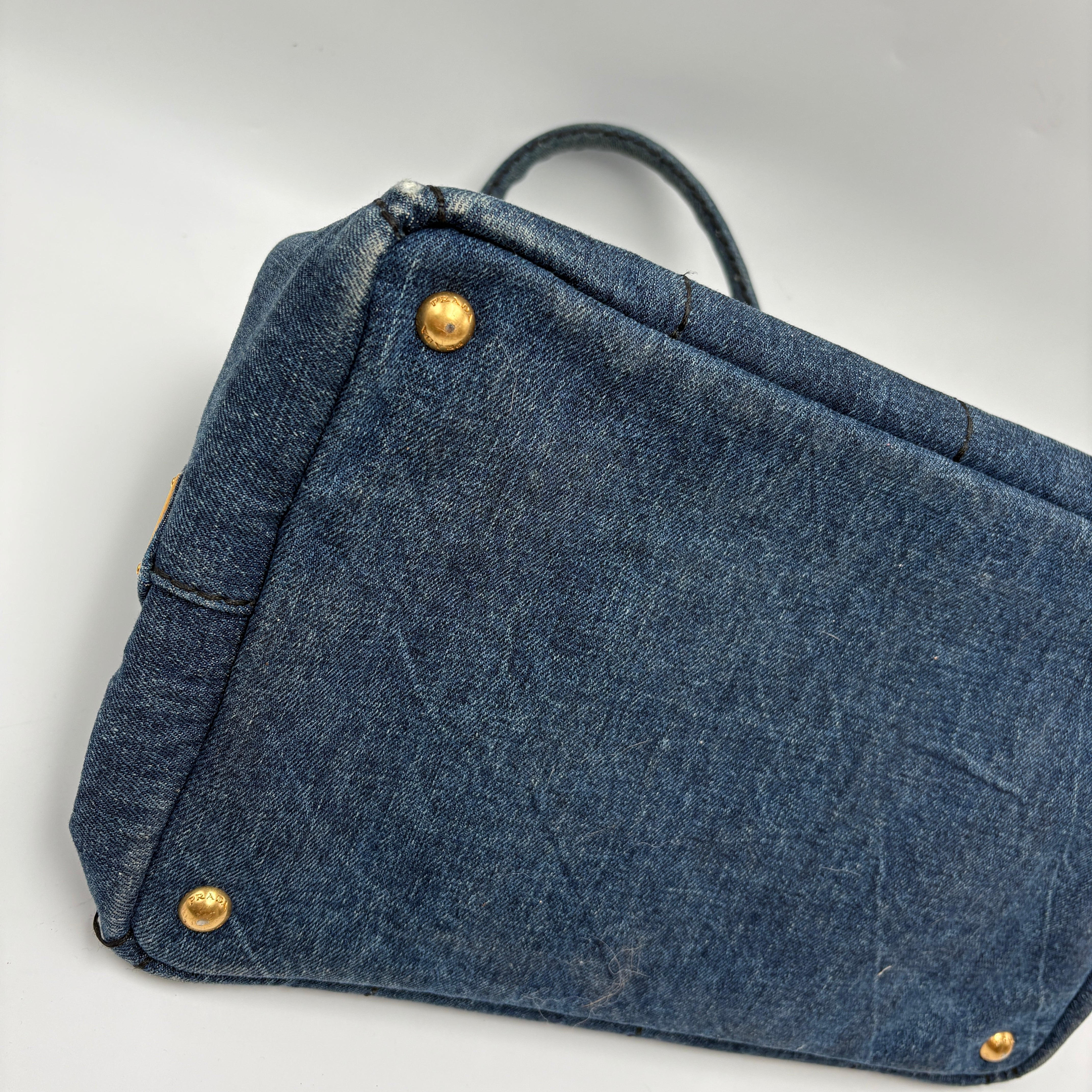 PRADA CANAPA LARGE CANVAS TOTE BAG HAND BAG DENIM BLUE