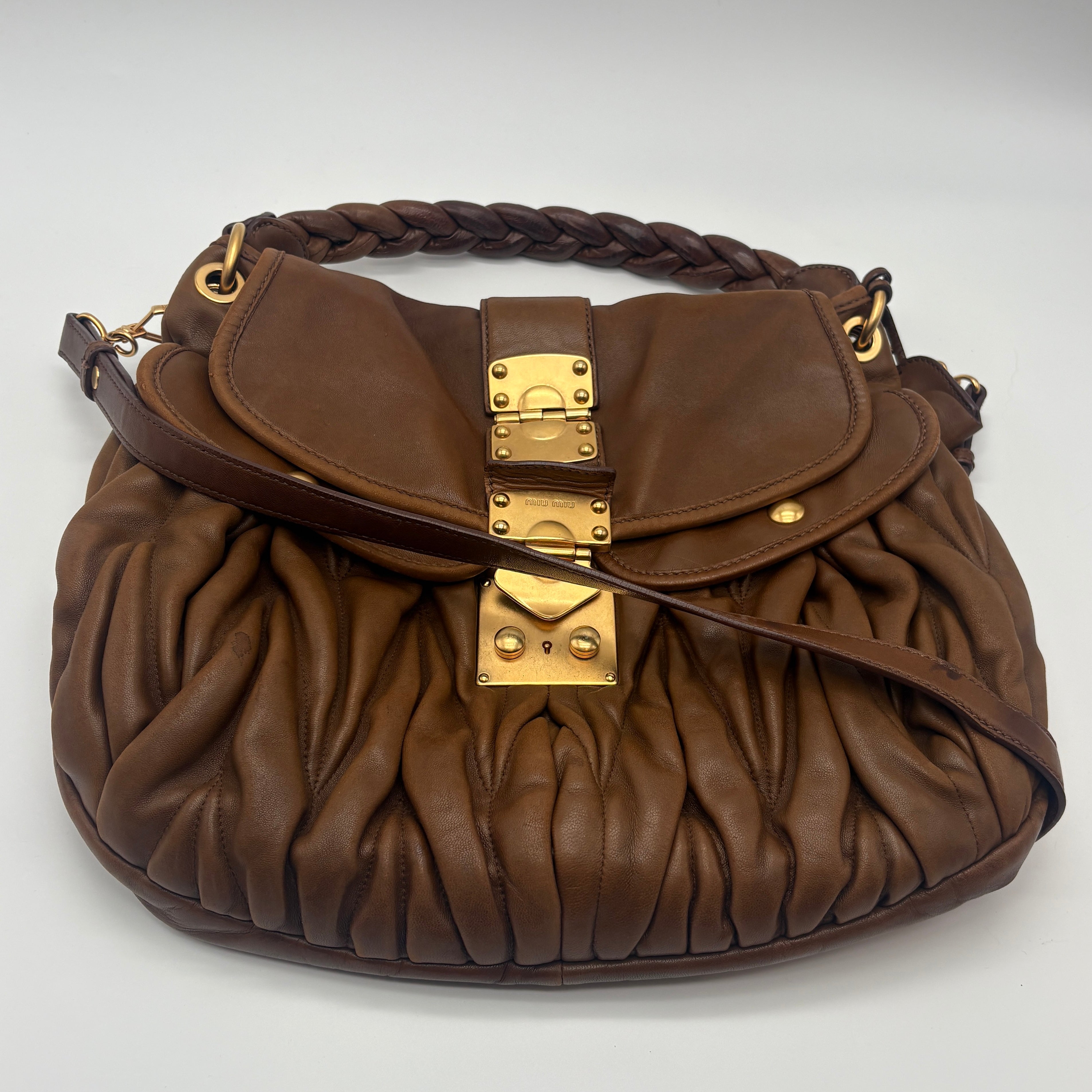 Miu Miu GHW 2 Way Shoulder Bag Leather Brown