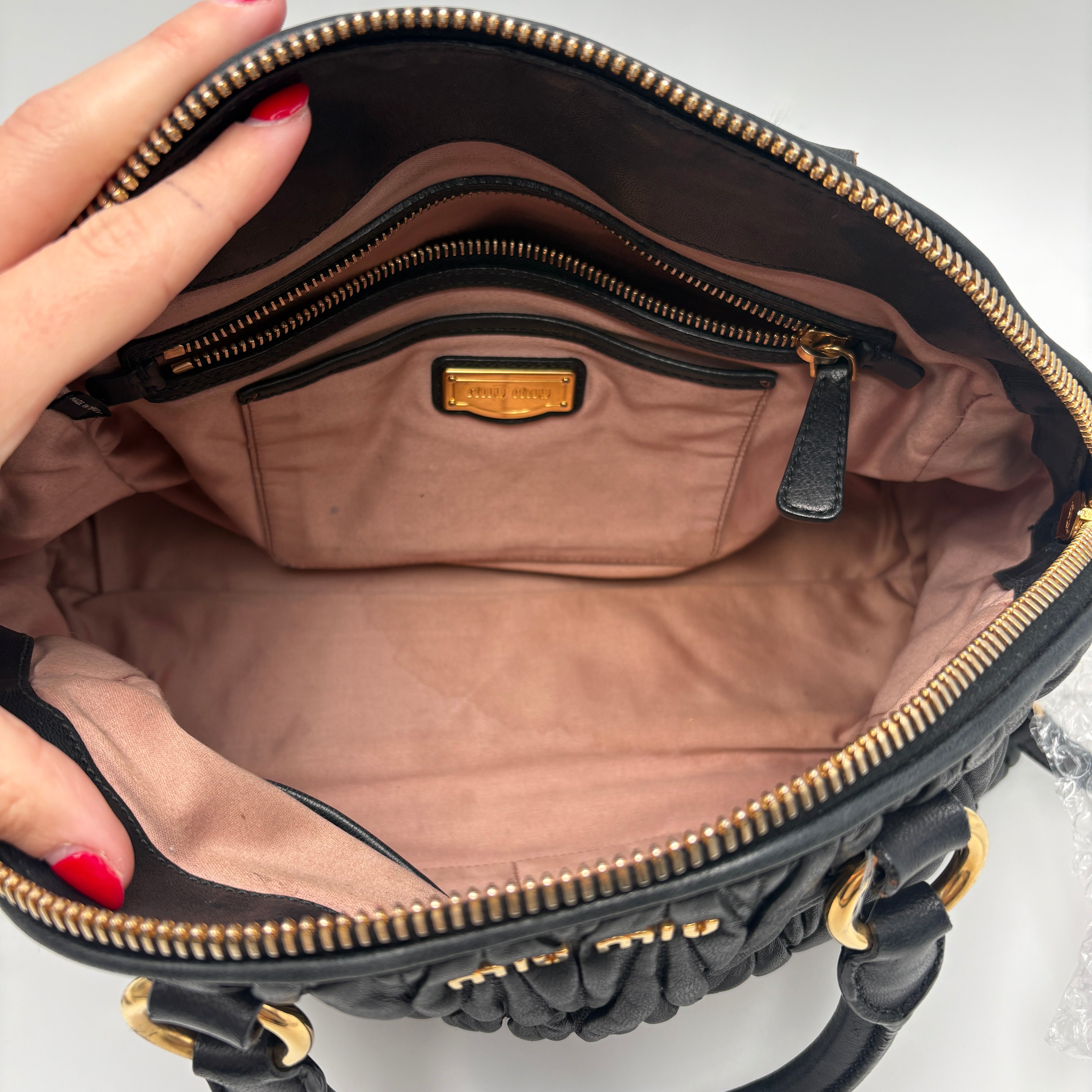 Miu Miu Matelassé Lambskin Leather Double Handle Handbag Black