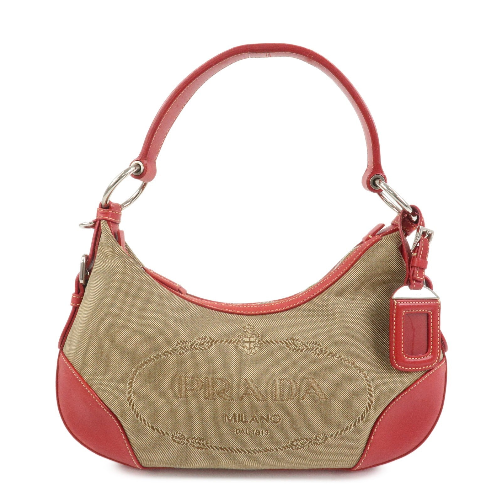 Prada Shoulder Bag - Light Brown, Red, Logo Jacquard, Leather