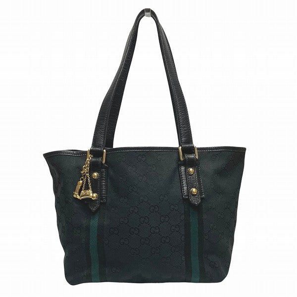 Gucci Shelly 137396 Tote Bag - Black x Green, GG canvas x leather