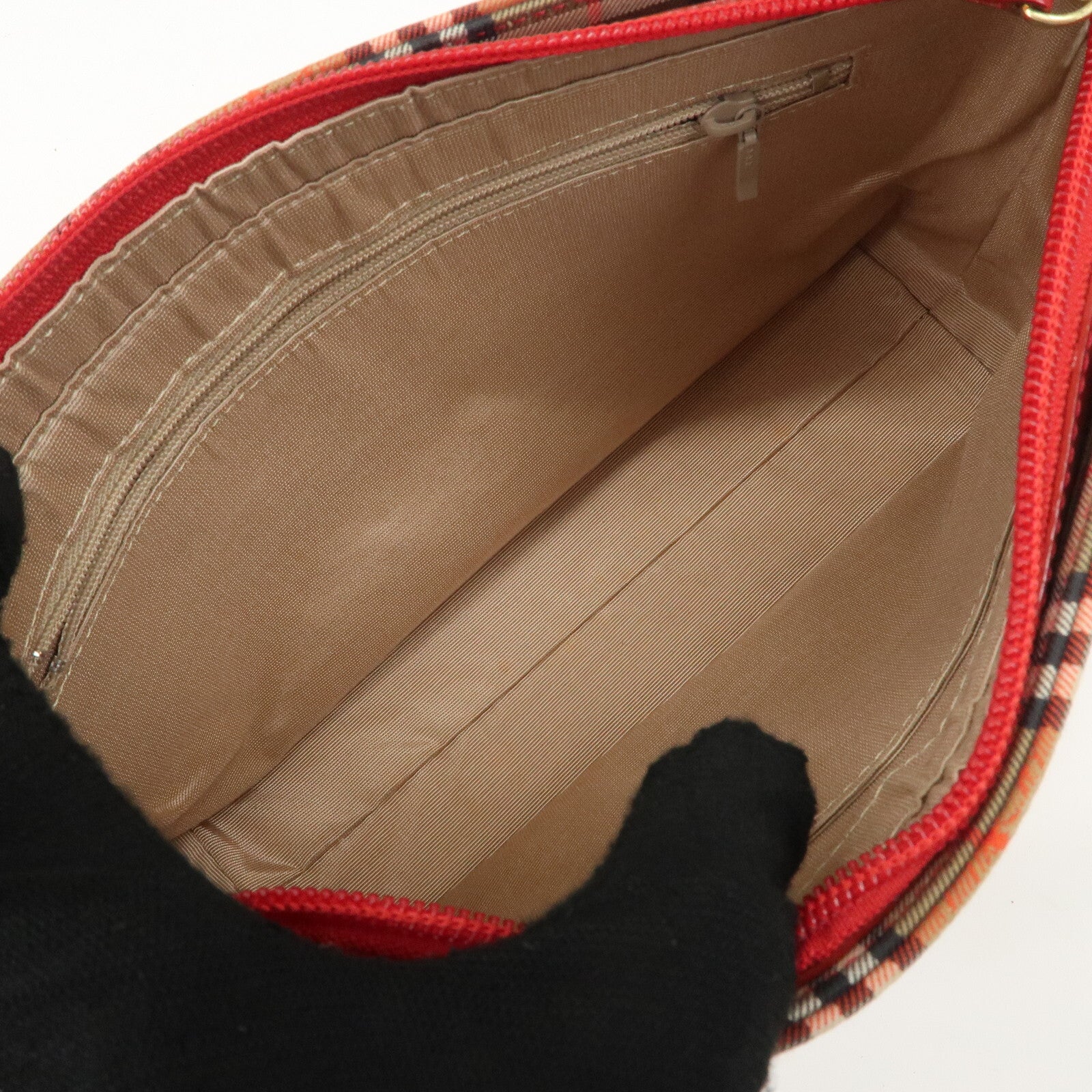 Burberry Nova Plaid Canvas Leather Shoulder Hand Bag - Red, Canvas