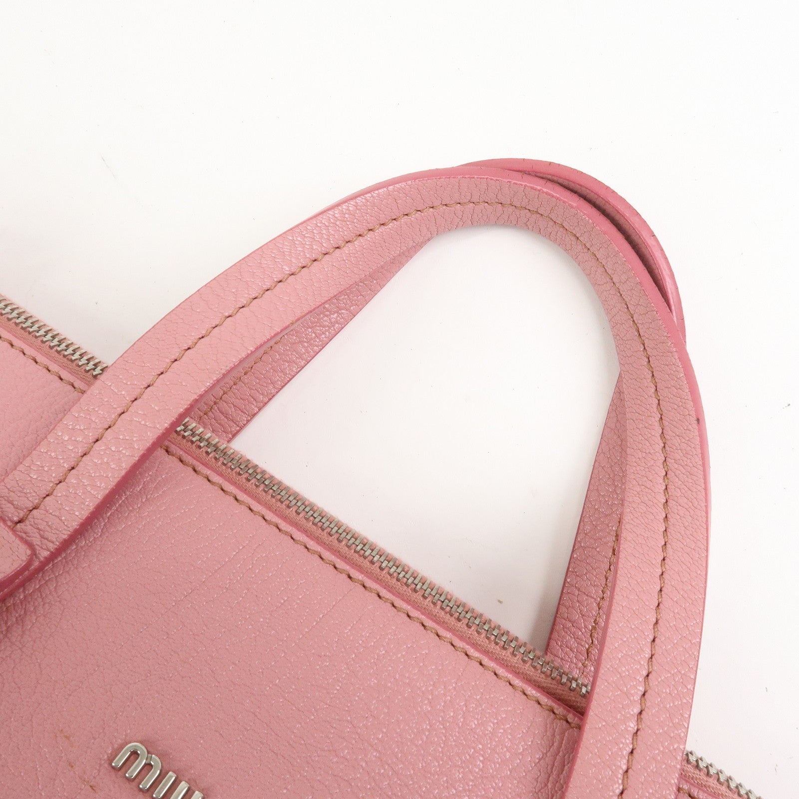 Miu Miu Logo Madras Hand Bag - Pink, Leather 