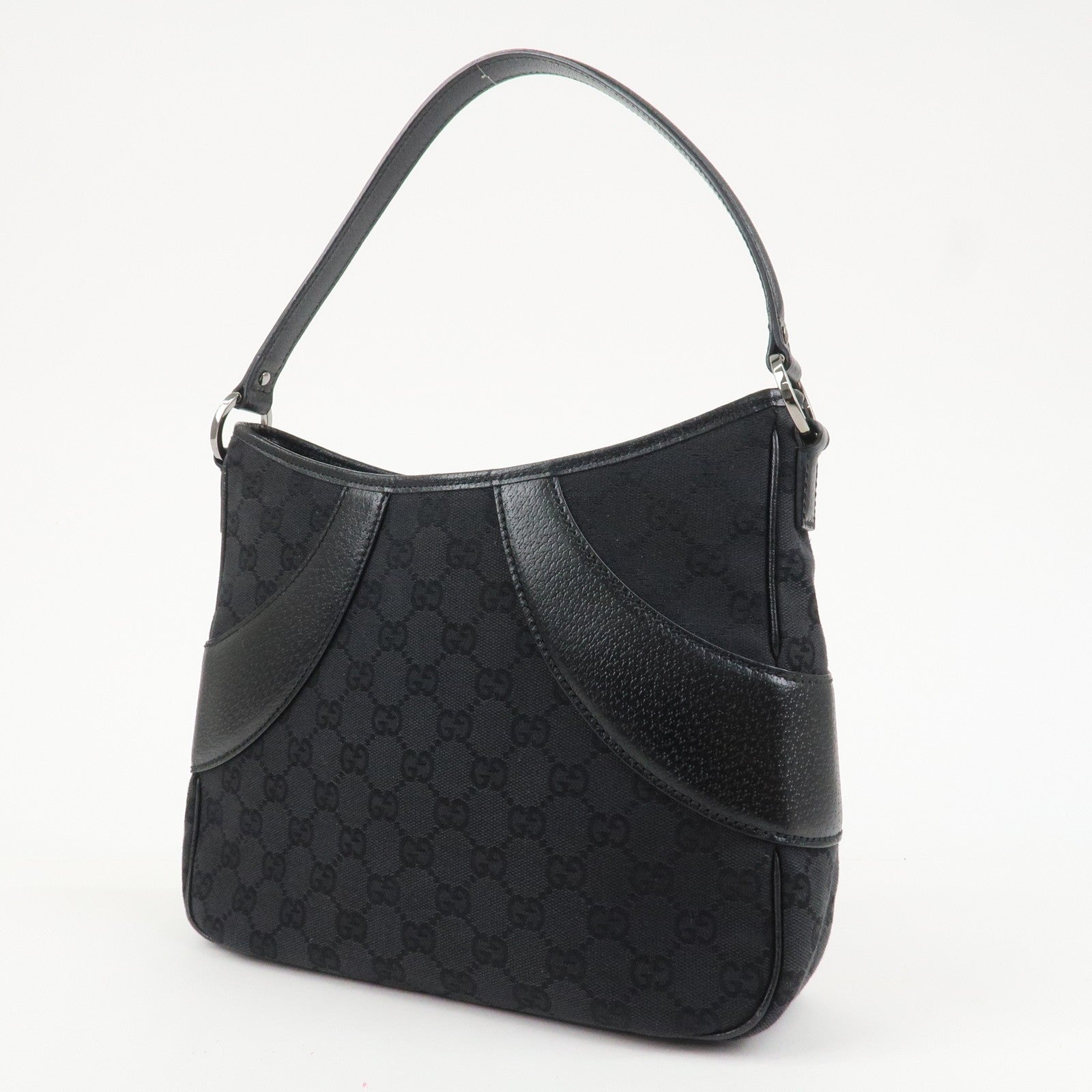 Gucci 113012 Shoulder Bag - Black, GG Canvas, Leather 