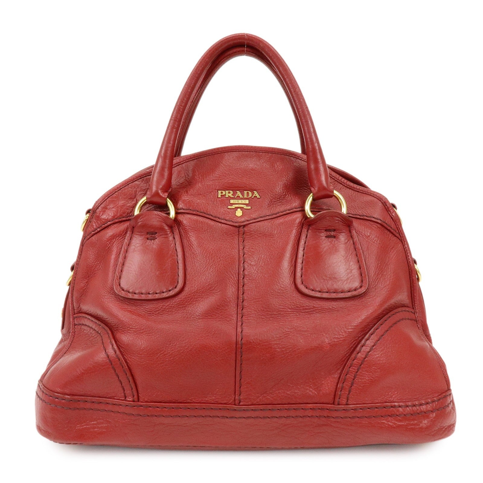Prada Cervo Shine Leather Bowler Bag 2Way Tote Bag - Red, Leather