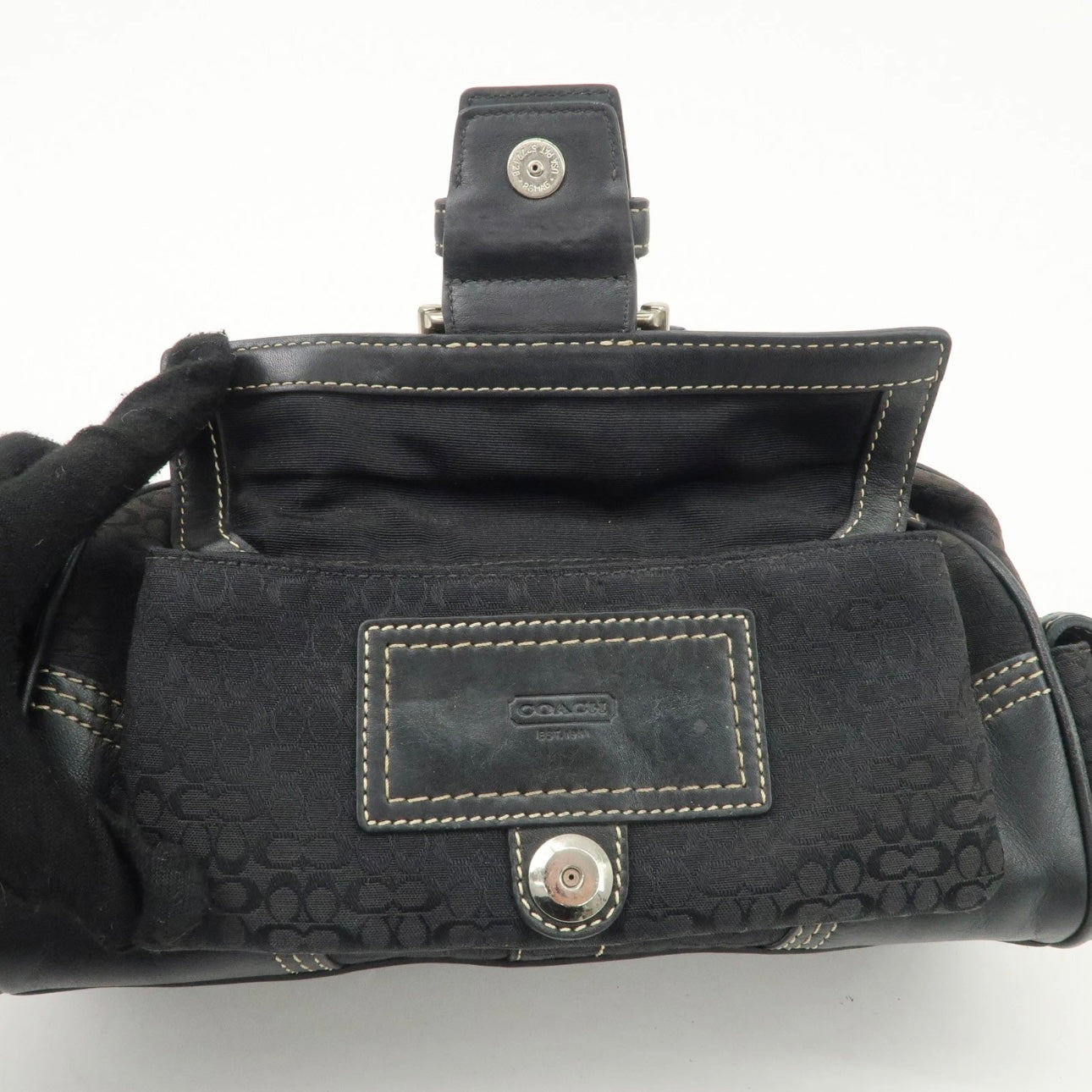 COACH Leather Canvas Hand Bag Brown Silver