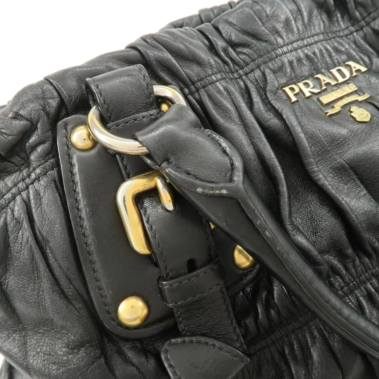 PRADA Leather Gathered 2Way Shoulder Bag Black