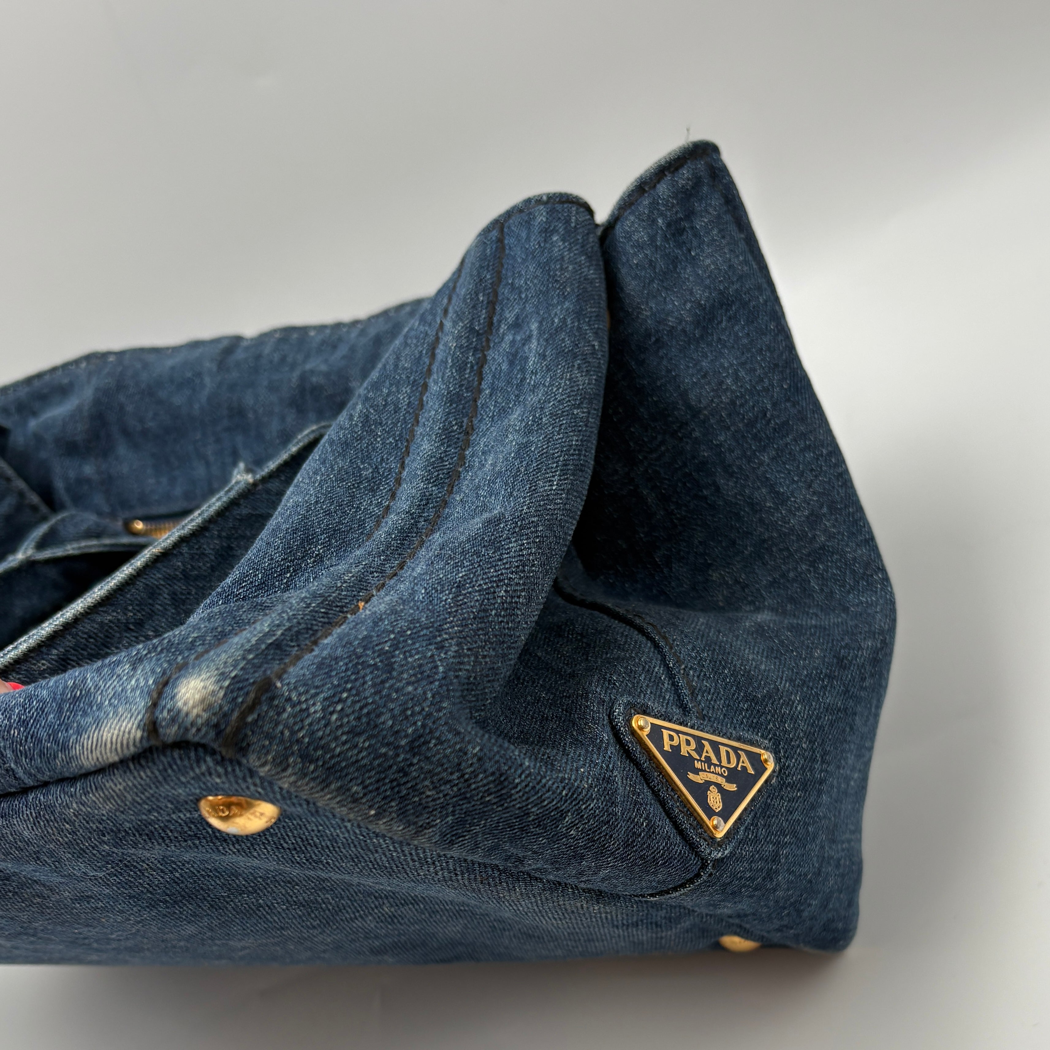 PRADA CANAPA LARGE CANVAS TOTE BAG HAND BAG DENIM BLUE