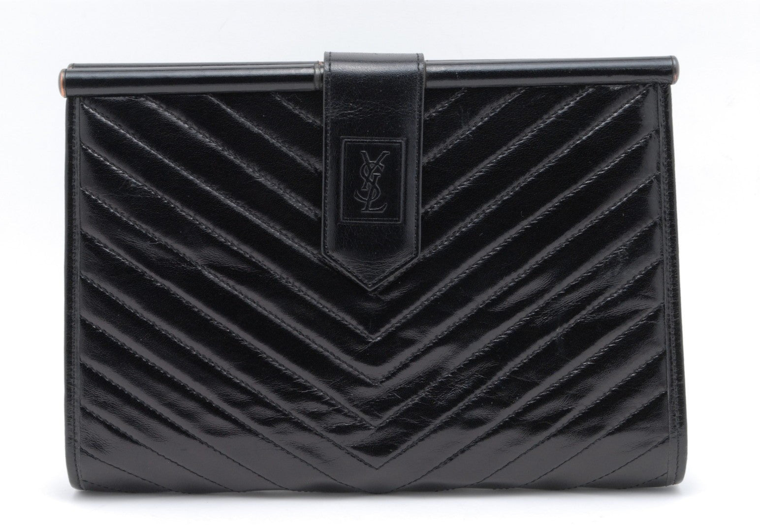 Yves Saint Laurent YSL Chevron Clutch - Black, Patent Leather