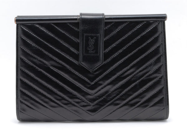 Yves Saint Laurent YSL Chevron Clutch - Black, Patent Leather