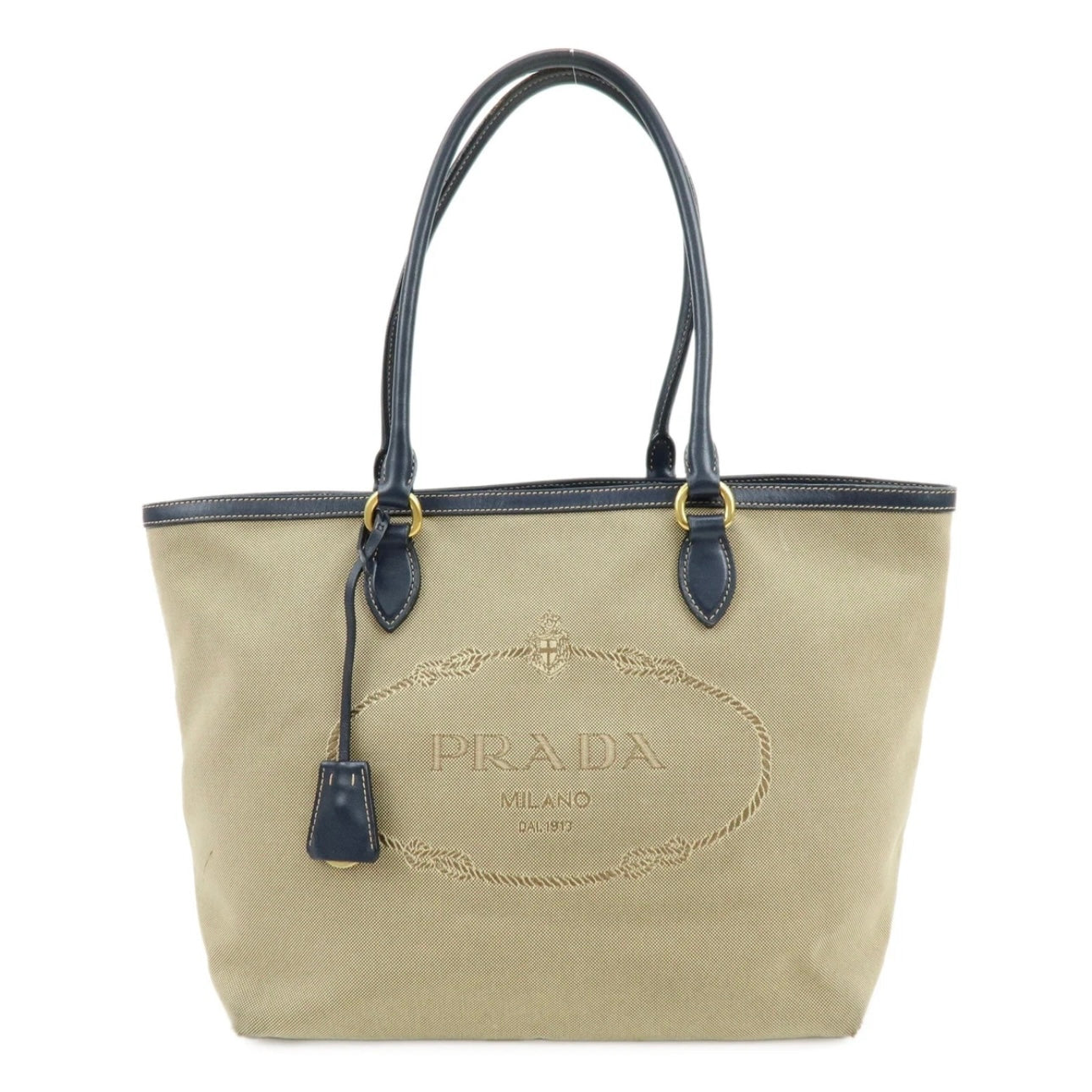 PRADA Logo Jacguard Leather Tote Bag Beige Navy