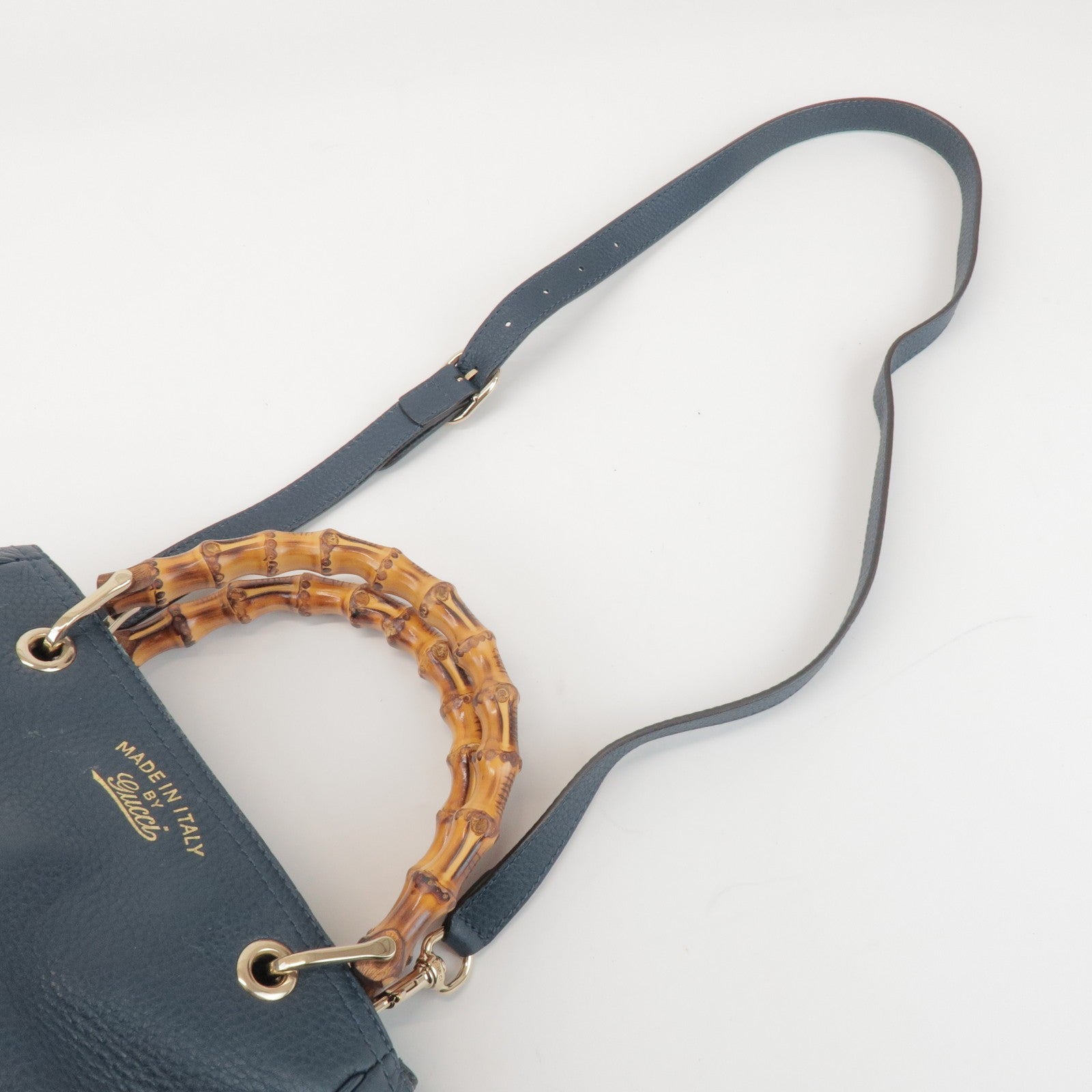 GUCCI Bamboo Calf Leather 2 Way Bag Tote Bag Navy