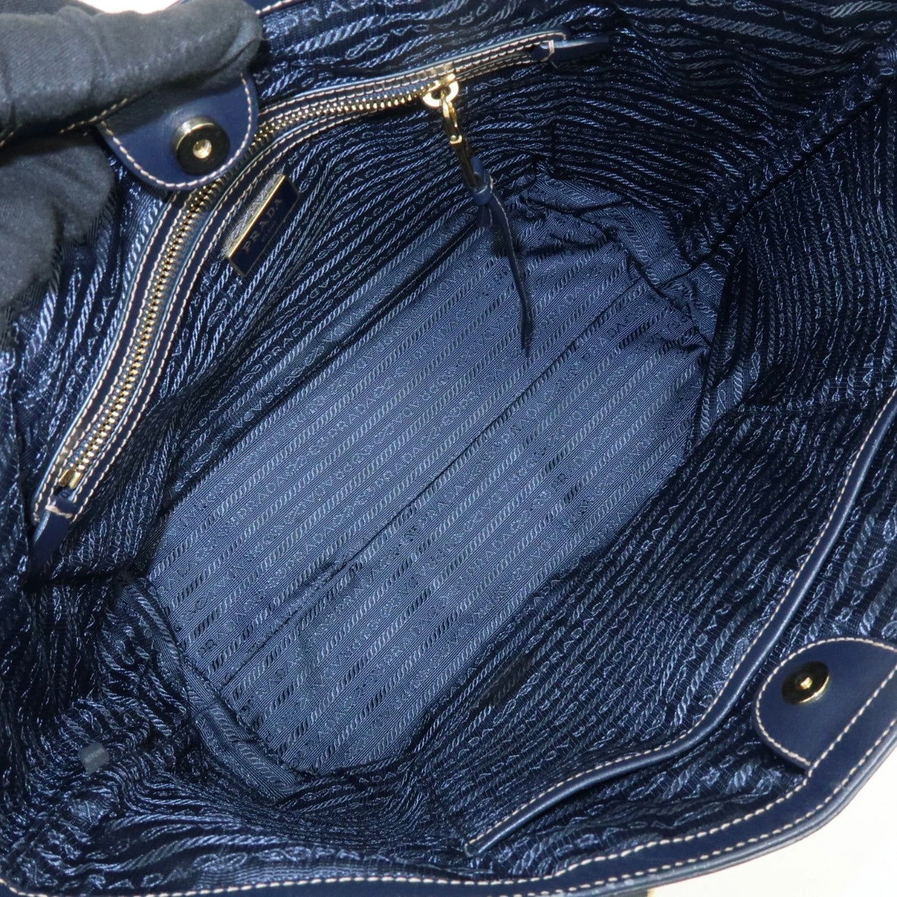 PRADA Logo Jacguard Leather Tote Bag Beige Navy