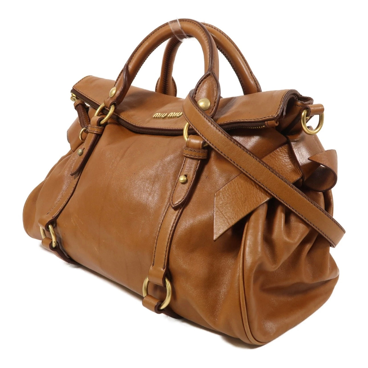 Miu Miu GHW 2 Way Shoulder Bag Calfskin Leather Brown