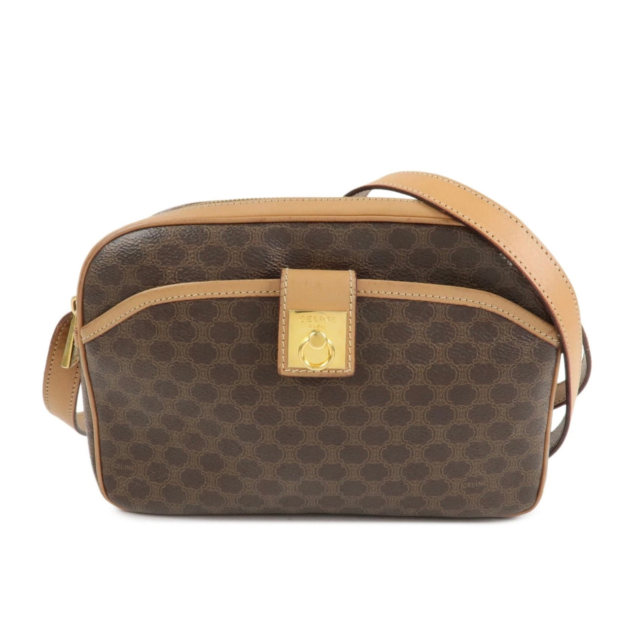 CELINE Macadam Leather Shoulder Bag Beige Brown Gold