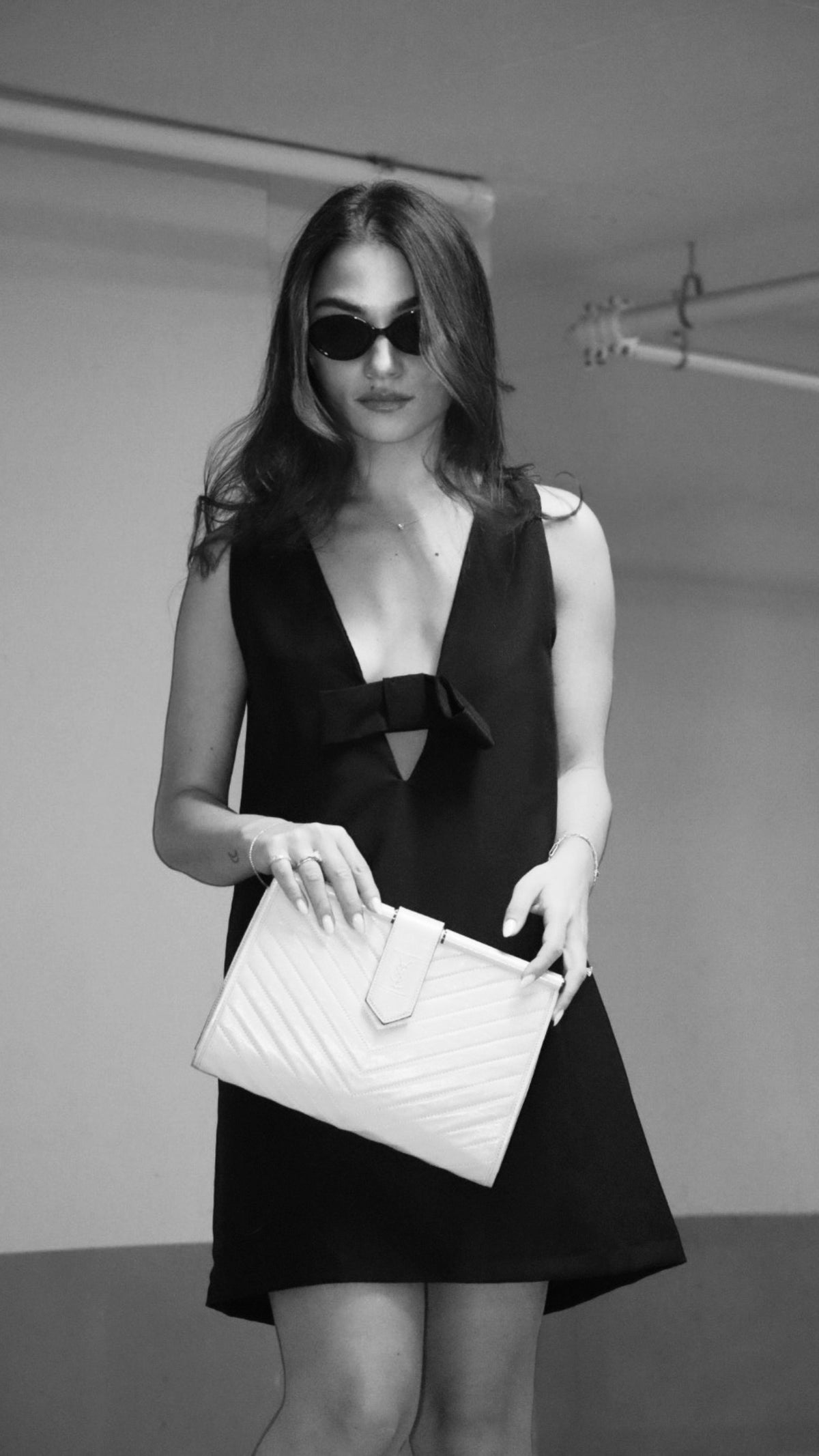 Saint Laurent Chevron Quilted Clutch Bag - White, Leather