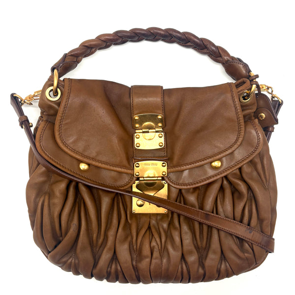 Miu Miu GHW 2 Way Shoulder Bag Leather Brown