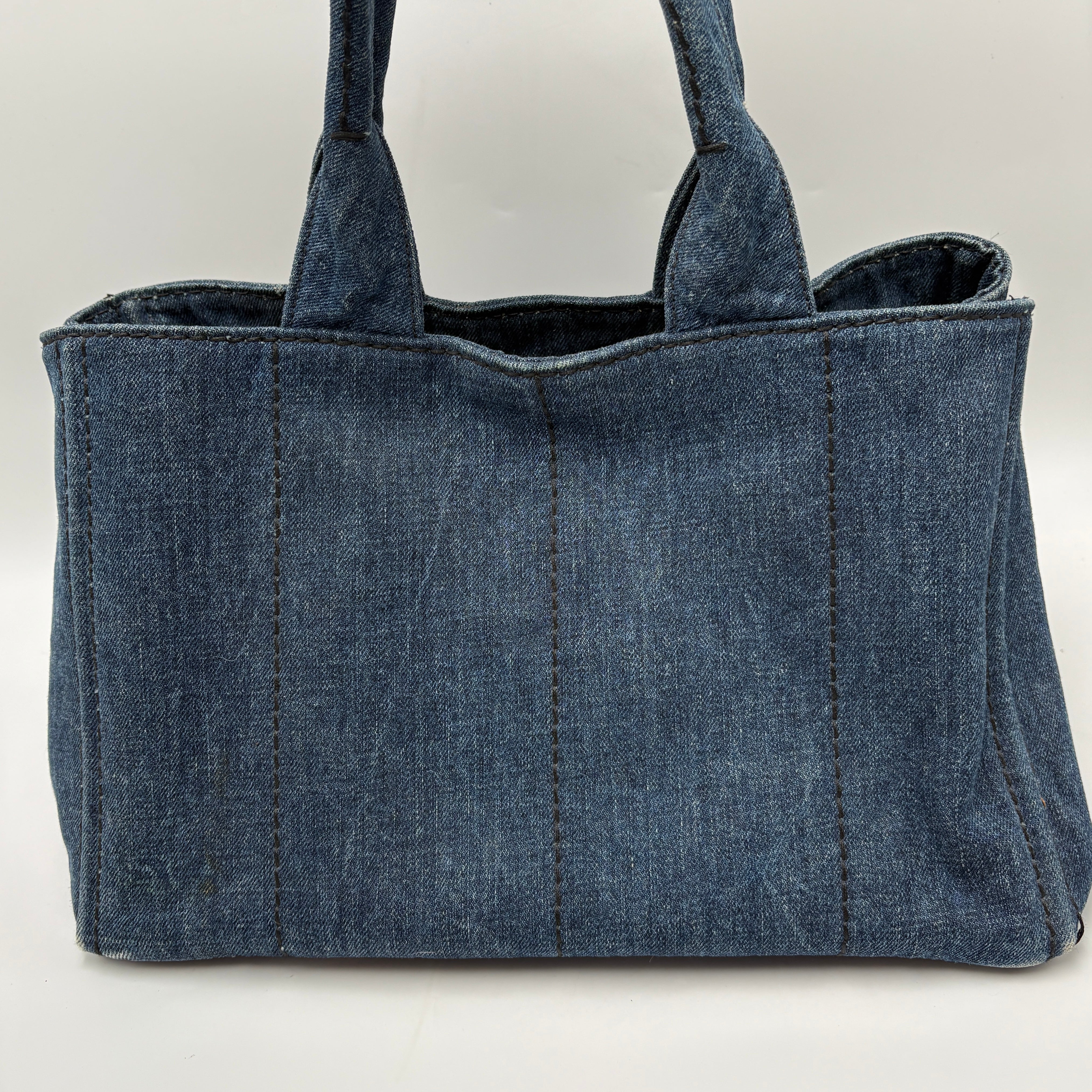 PRADA CANAPA LARGE CANVAS TOTE BAG HAND BAG DENIM BLUE