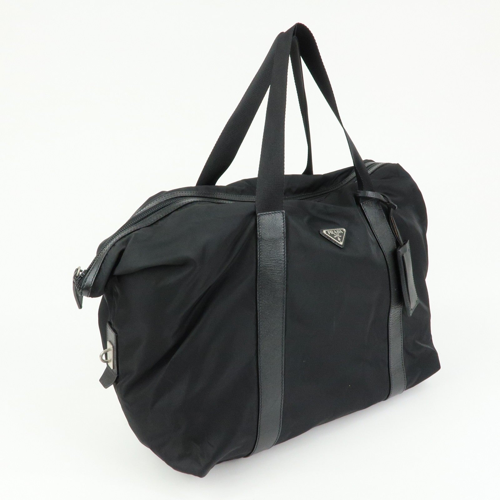 Prada Triangle Logo Boston Hand Bag - Black, Nylon