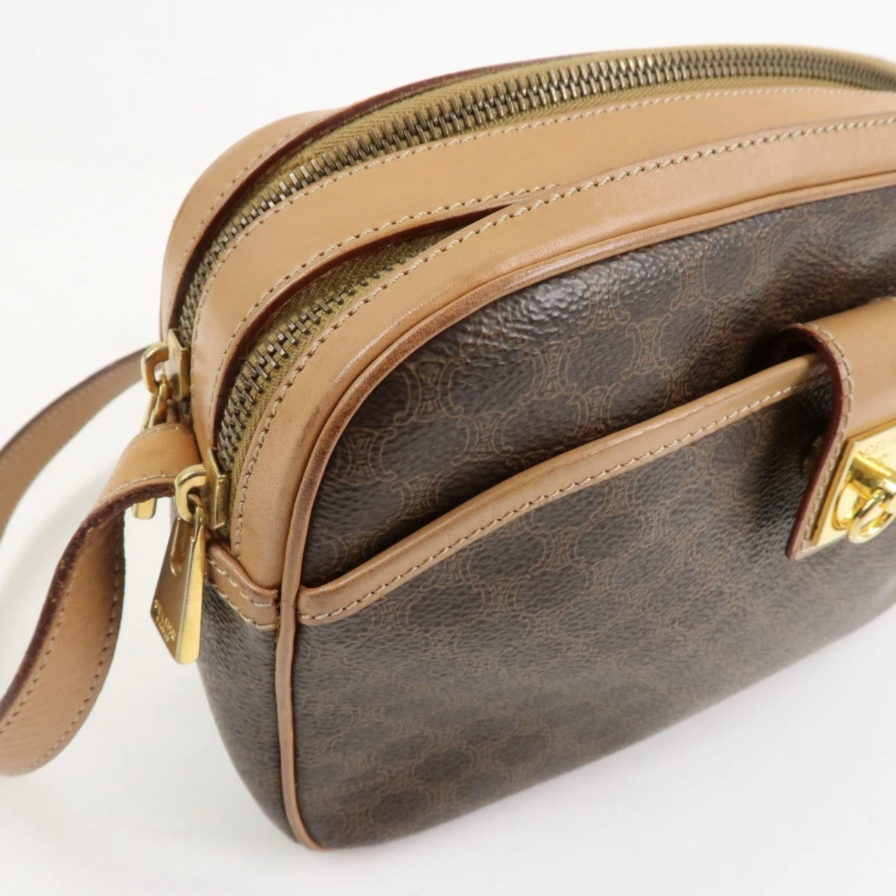 CELINE Macadam Leather Shoulder Bag Beige Brown Gold