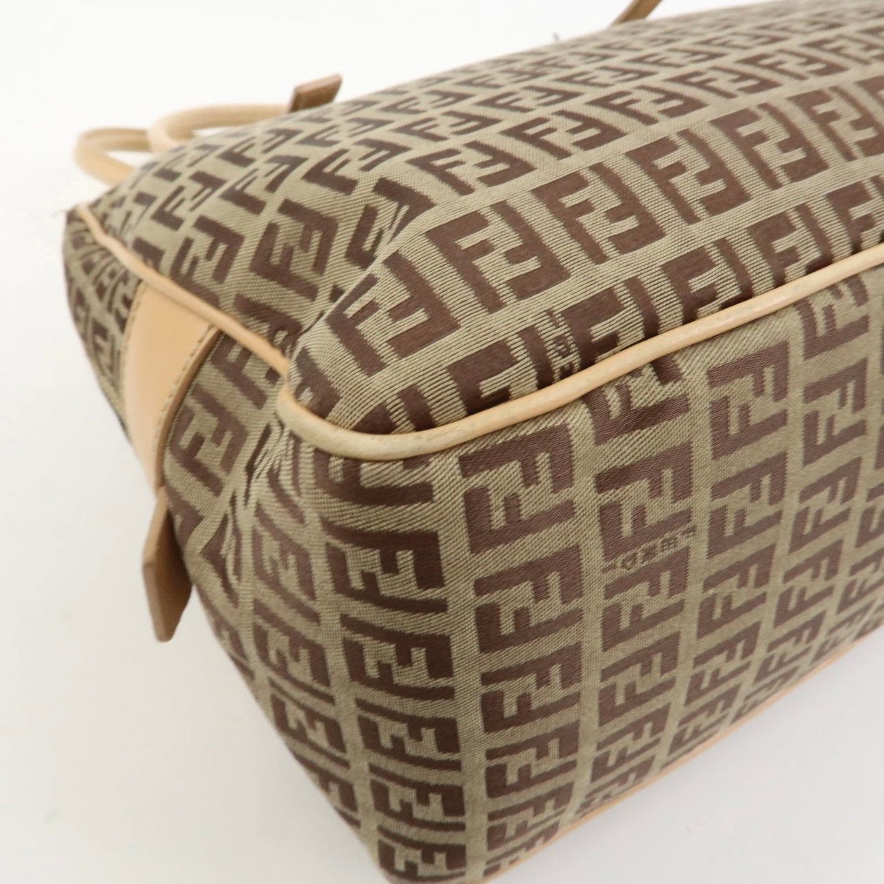 FENDI Zucchino Canvas Leather Shoulder Bag Beige