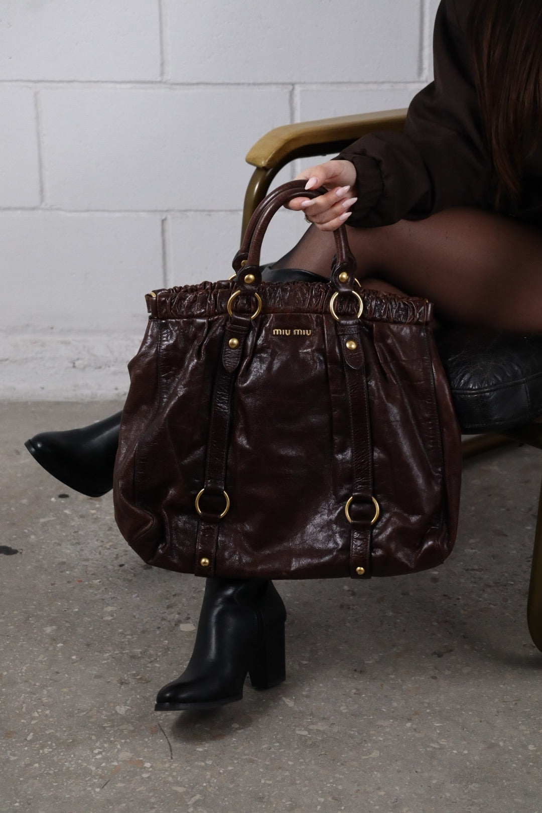 Miu Miu GHW Vitello Lux Handbag Calfskin Leather Brown