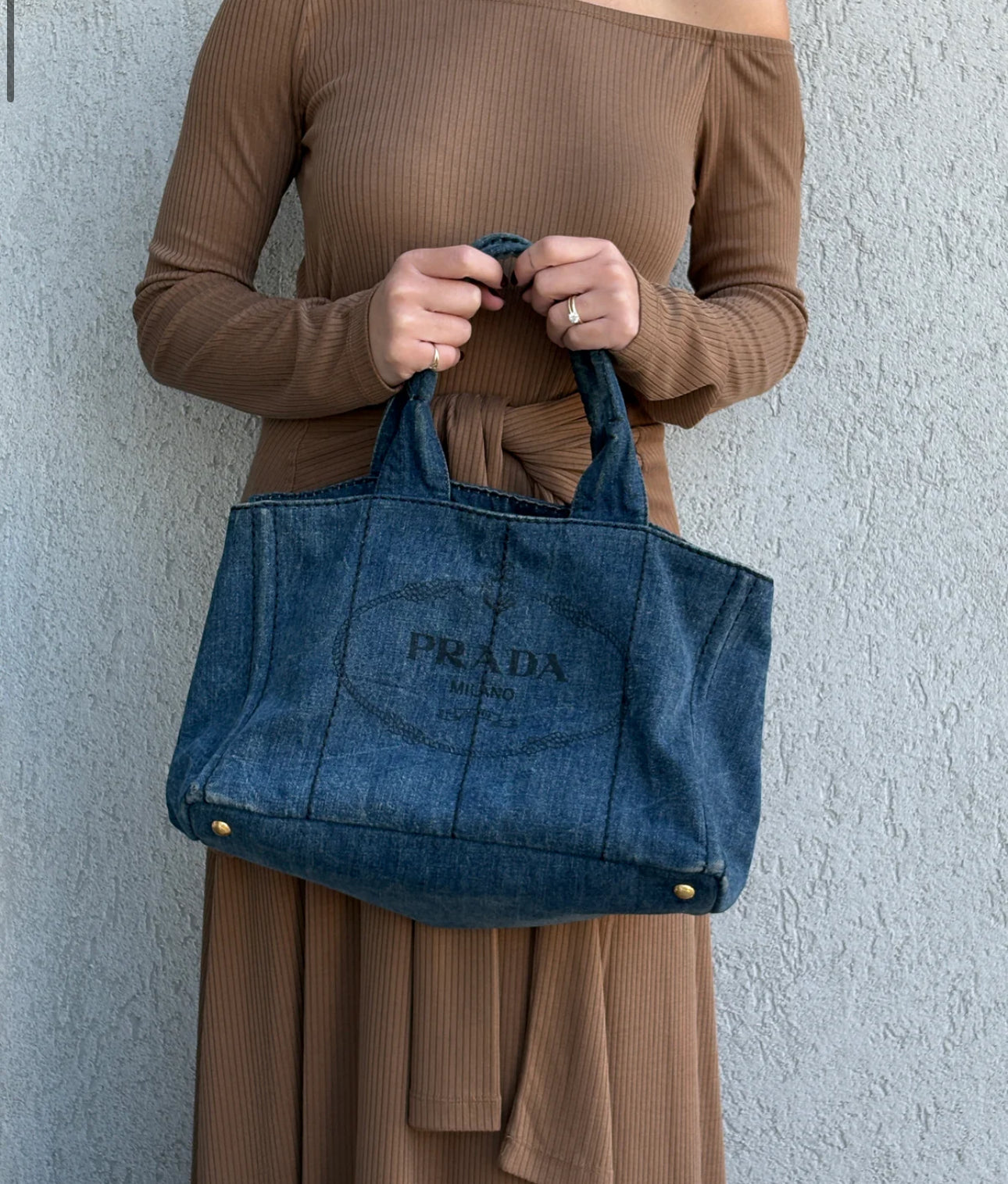 PRADA CANAPA LARGE CANVAS TOTE BAG HAND BAG DENIM BLUE