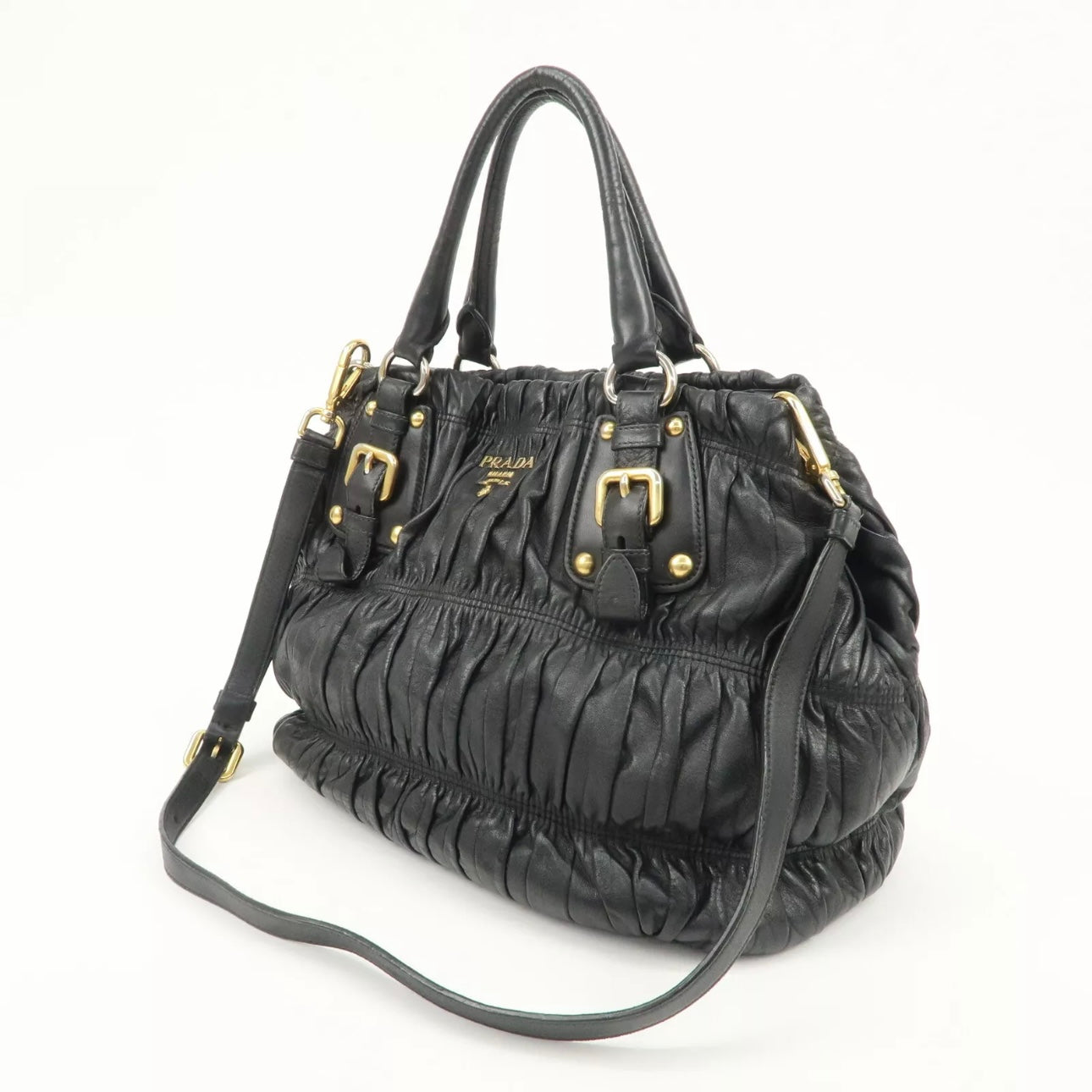 PRADA Leather Gathered 2Way Shoulder Bag Black