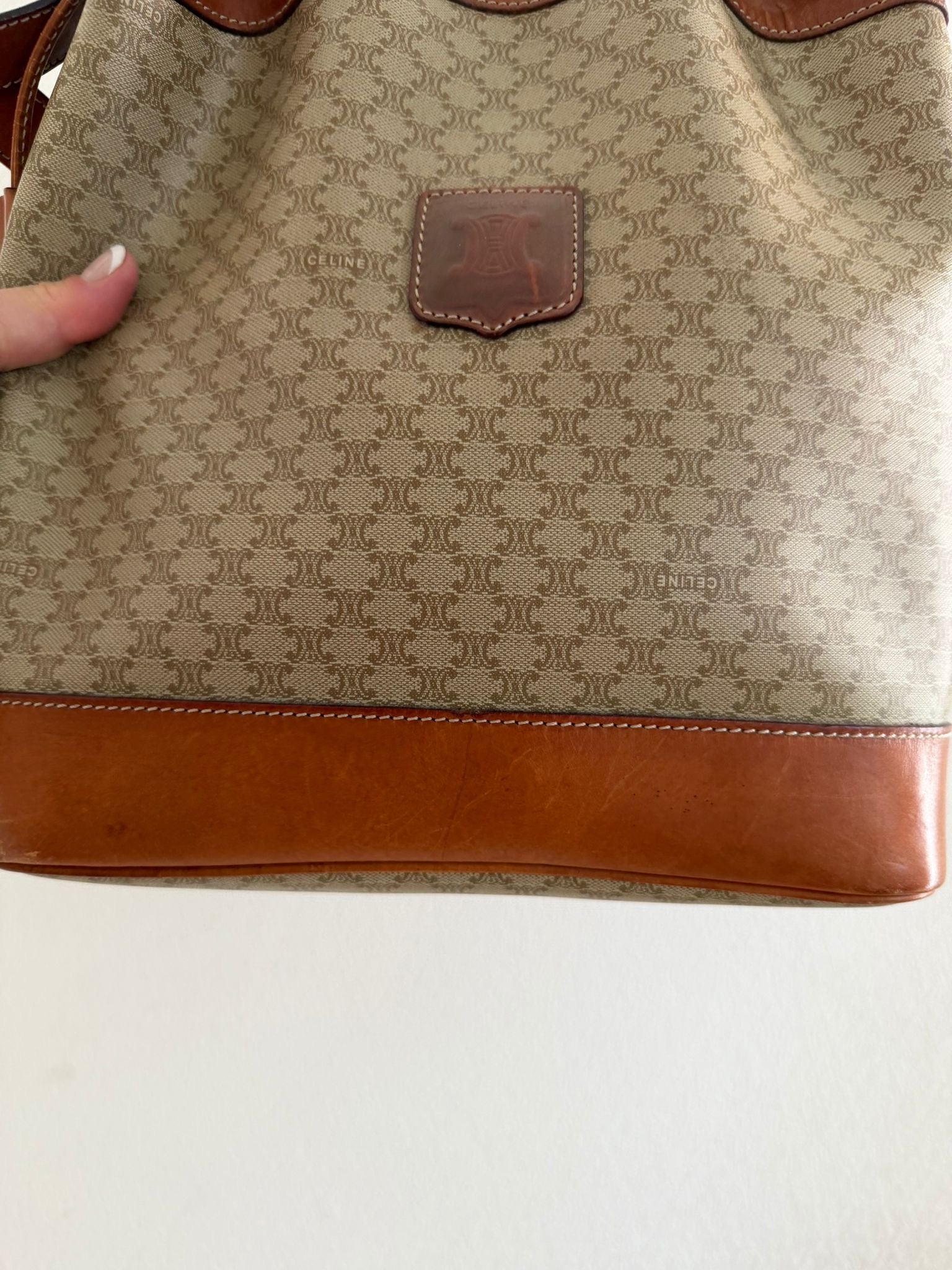 Celine Macadam Drawstring Shoulder Bag - Beige, PVC 