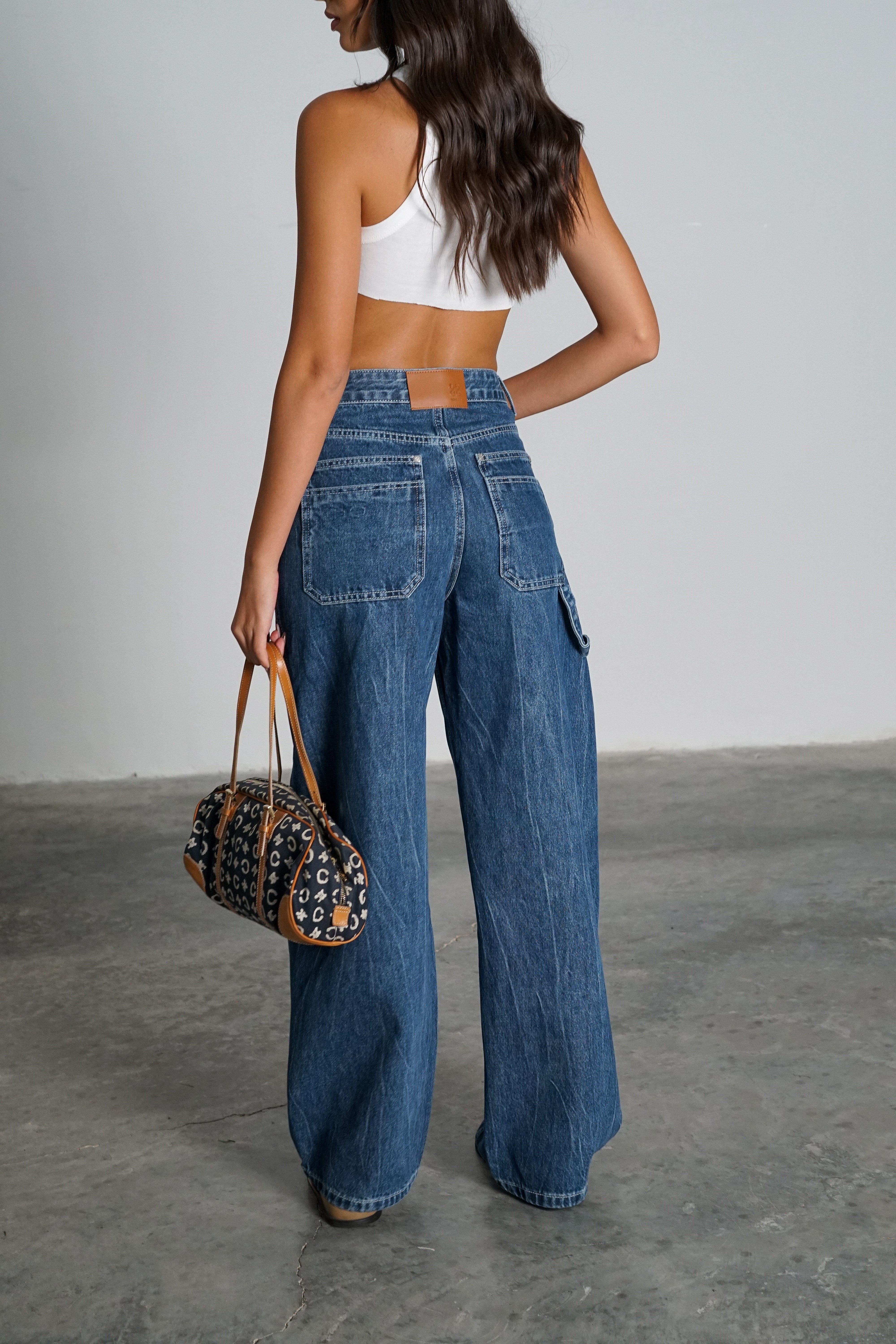 CELINE C Macadam Canvas Leather Shoulder Bag Navy