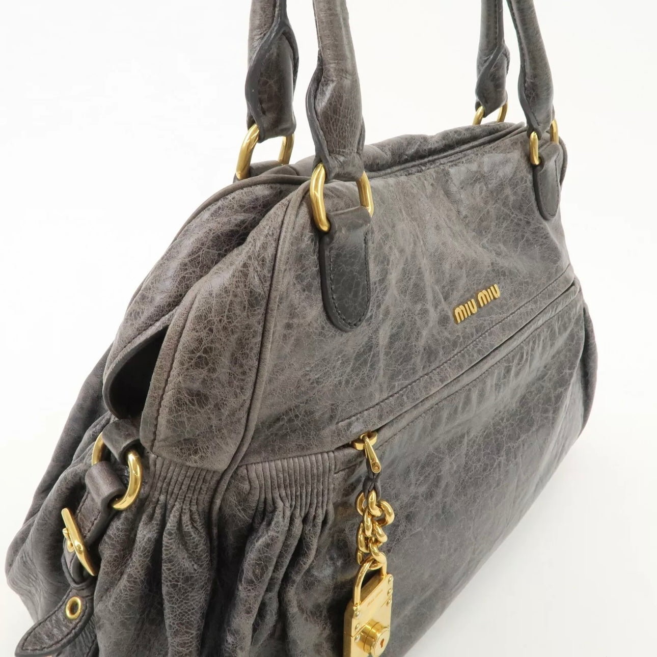 MIU MIU Leather Shoulder Bag Gray Gold Hardware