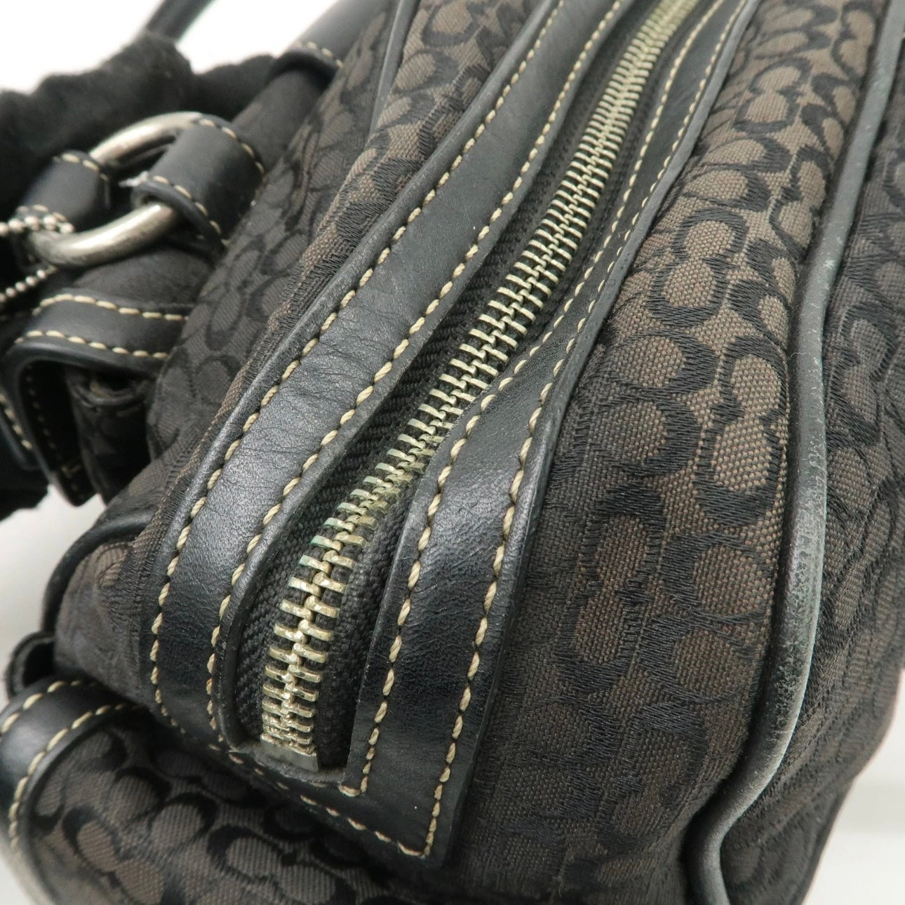 COACH Leather Canvas Hand Bag Brown Silver