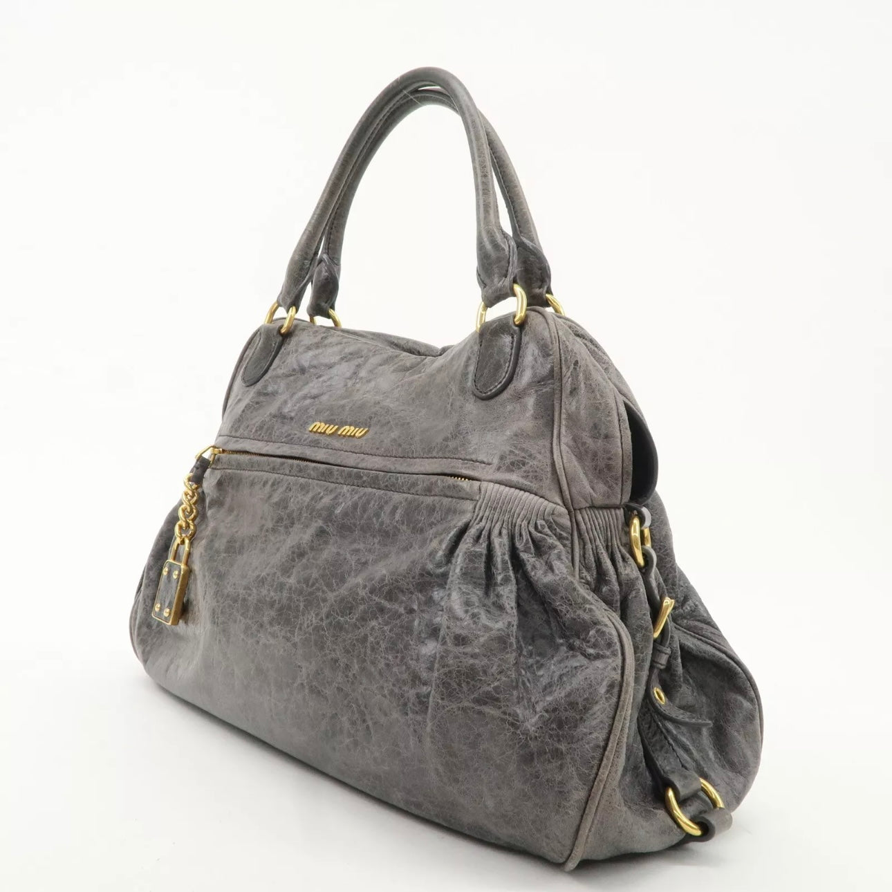 MIU MIU Leather Shoulder Bag Gray Gold Hardware