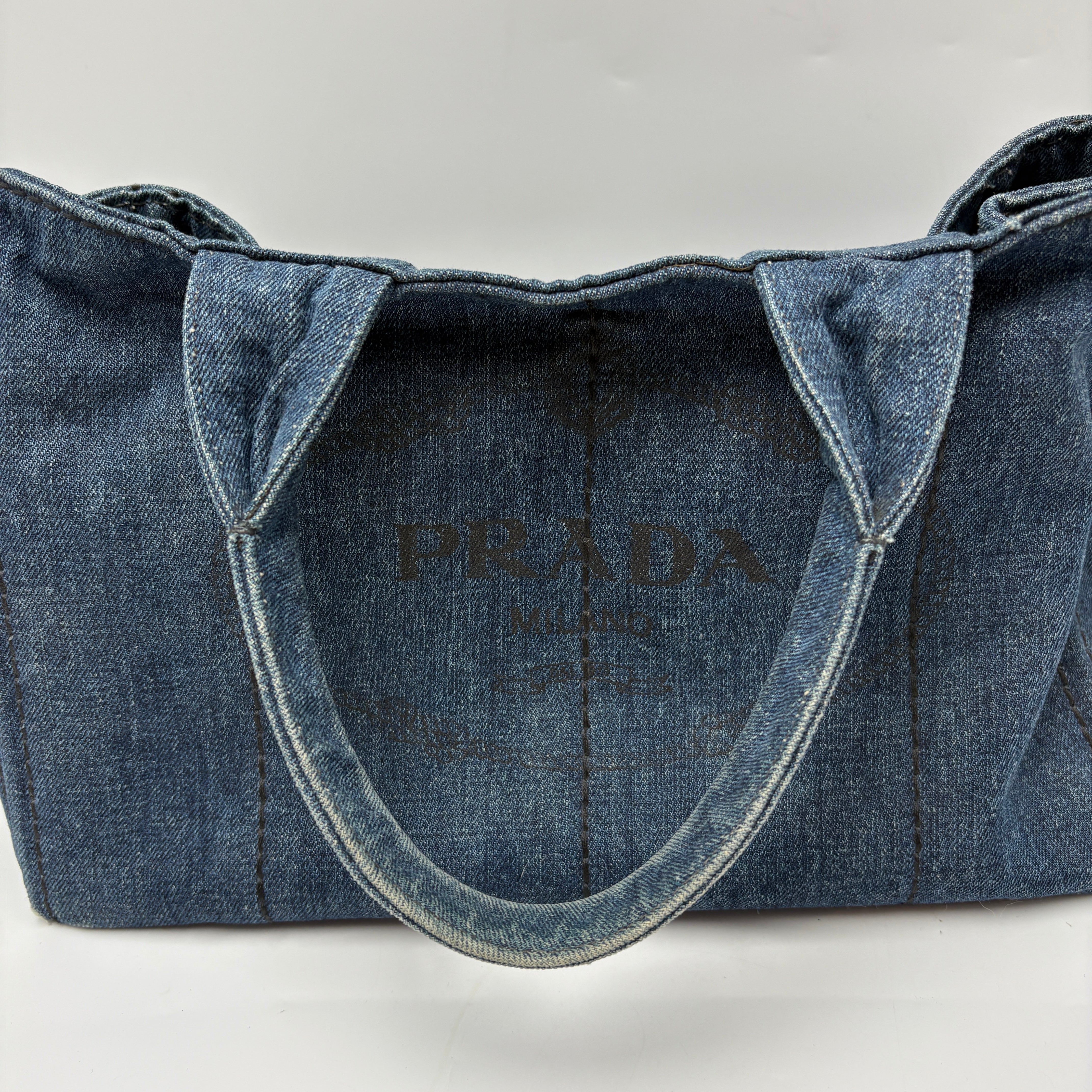 PRADA CANAPA LARGE CANVAS TOTE BAG HAND BAG DENIM BLUE