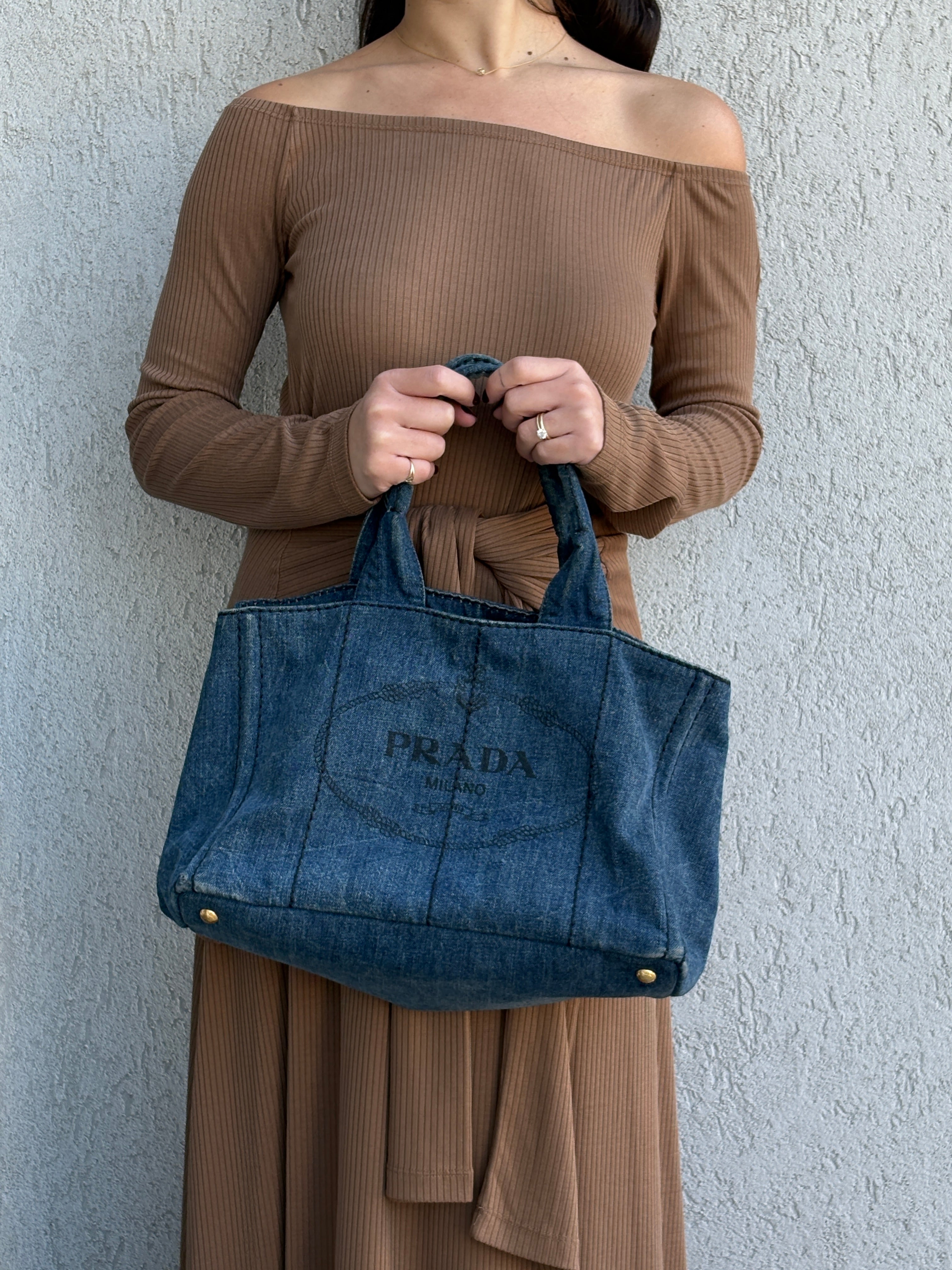 Prada Canapa Large Canvas Tote Bag Hand Bag Denim Blue