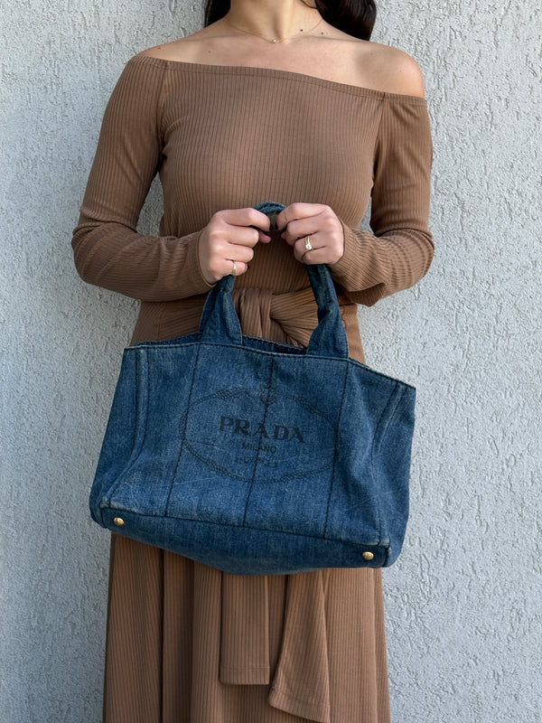 Prada Canapa Large Canvas Tote Bag Hand Bag Denim Blue