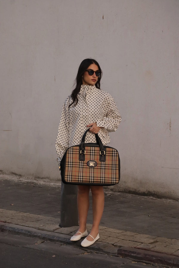 Burberry Plaid Boston Handbag - Beige Black, Canvas Leather 