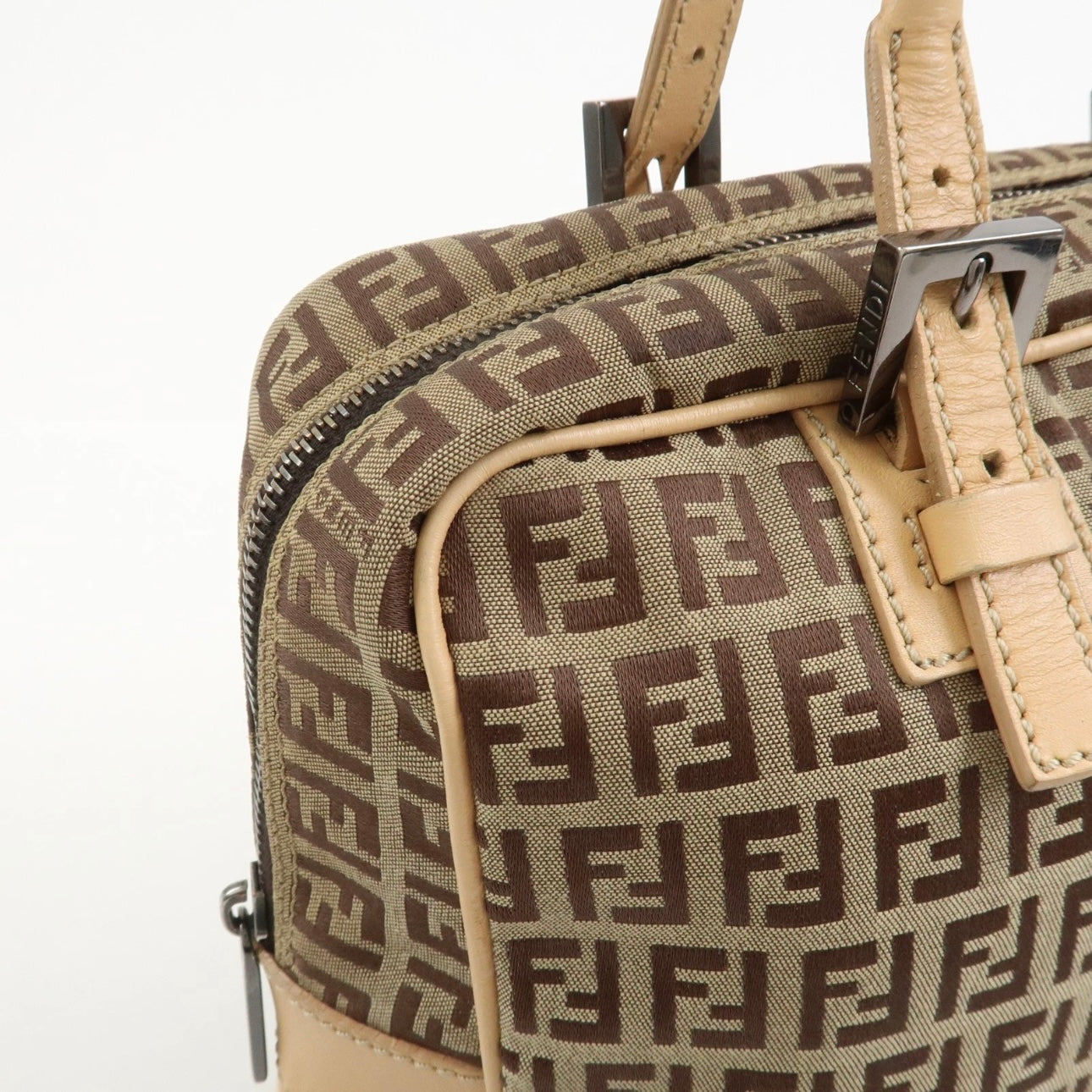 FENDI Zucchino Canvas Leather Shoulder Bag Beige