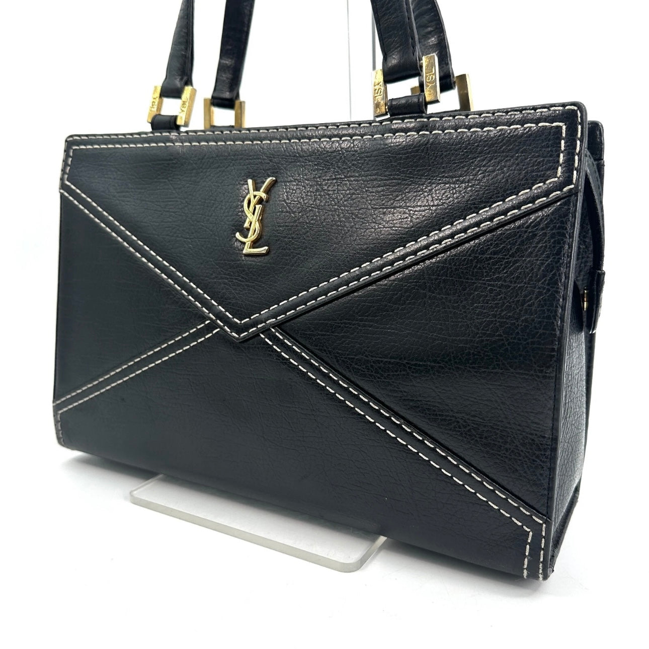 Yves Saint Laurent Hand Tote Stitch Bag Leather Black Vintage