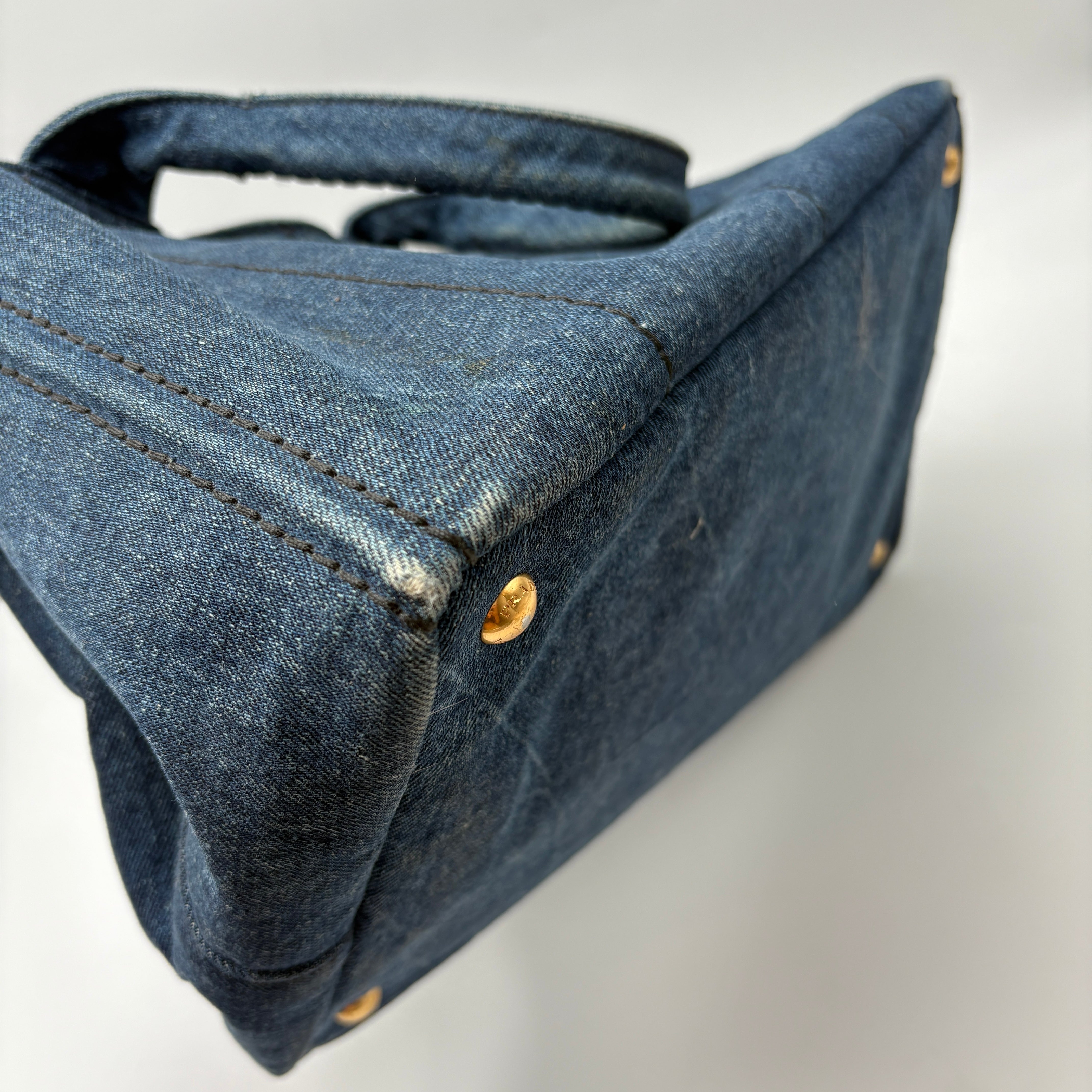 PRADA CANAPA LARGE CANVAS TOTE BAG HAND BAG DENIM BLUE