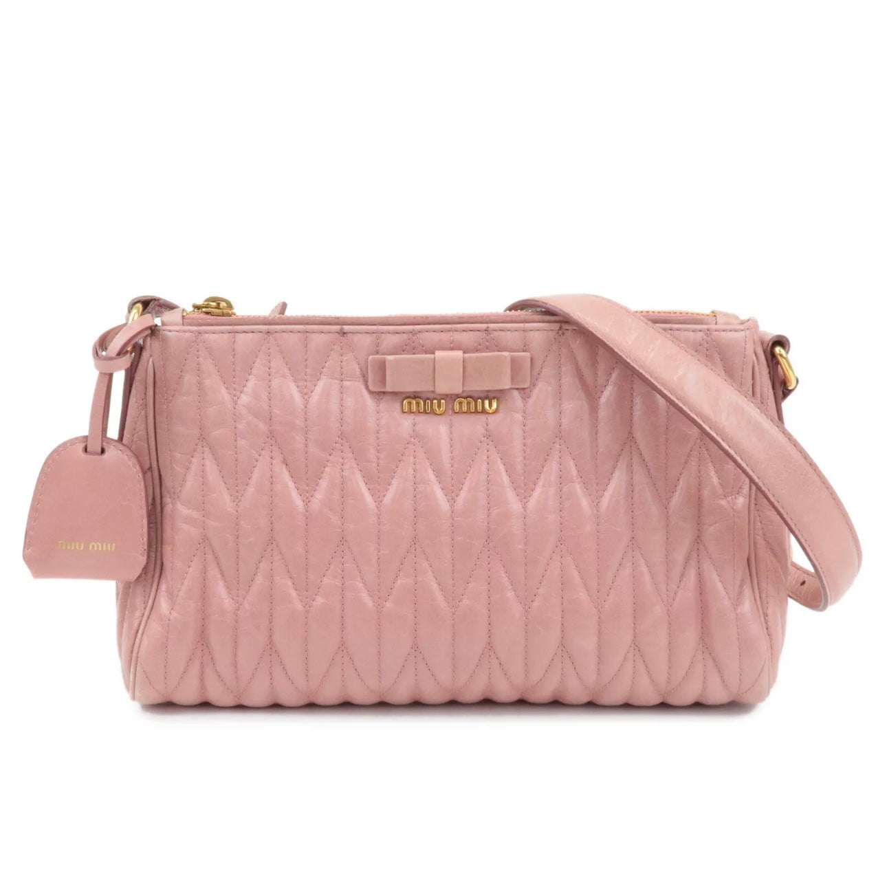 Leather Ribbon Gathered Shoulder Bag Pink