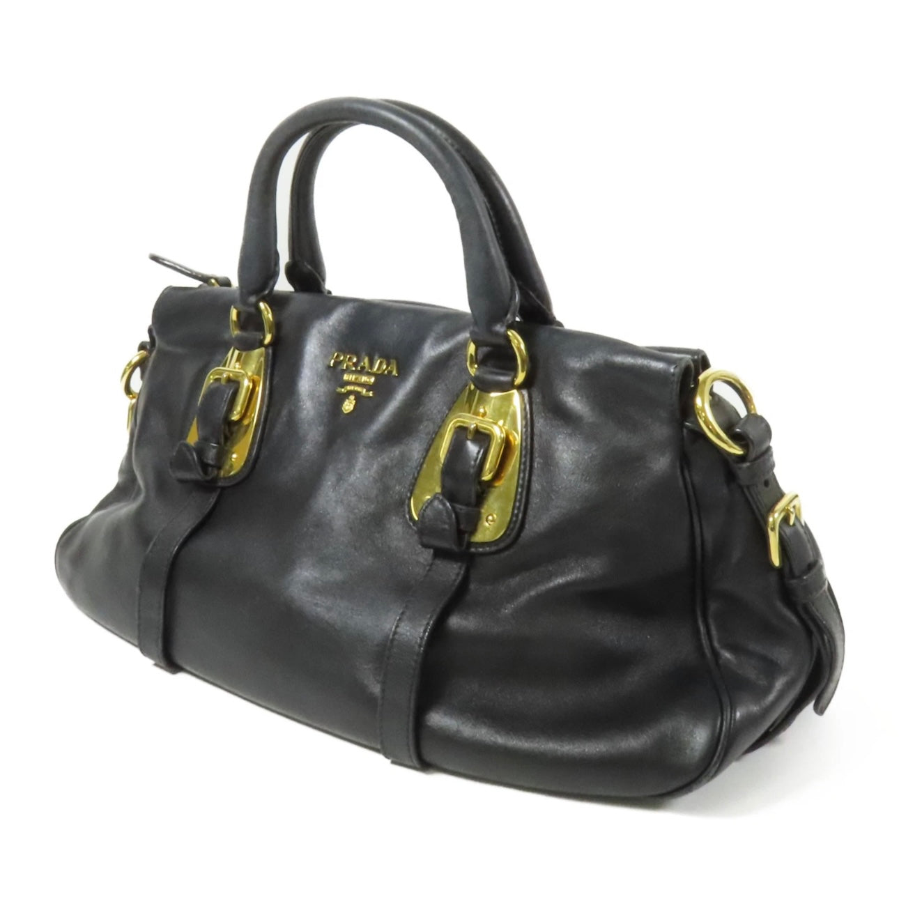 Prada GHW Bauletto Handbag - Black, Calfskin Leather