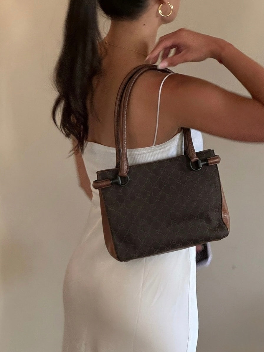 Gucci Denim Tote Bag - Brown, GG Canvas, Leather
