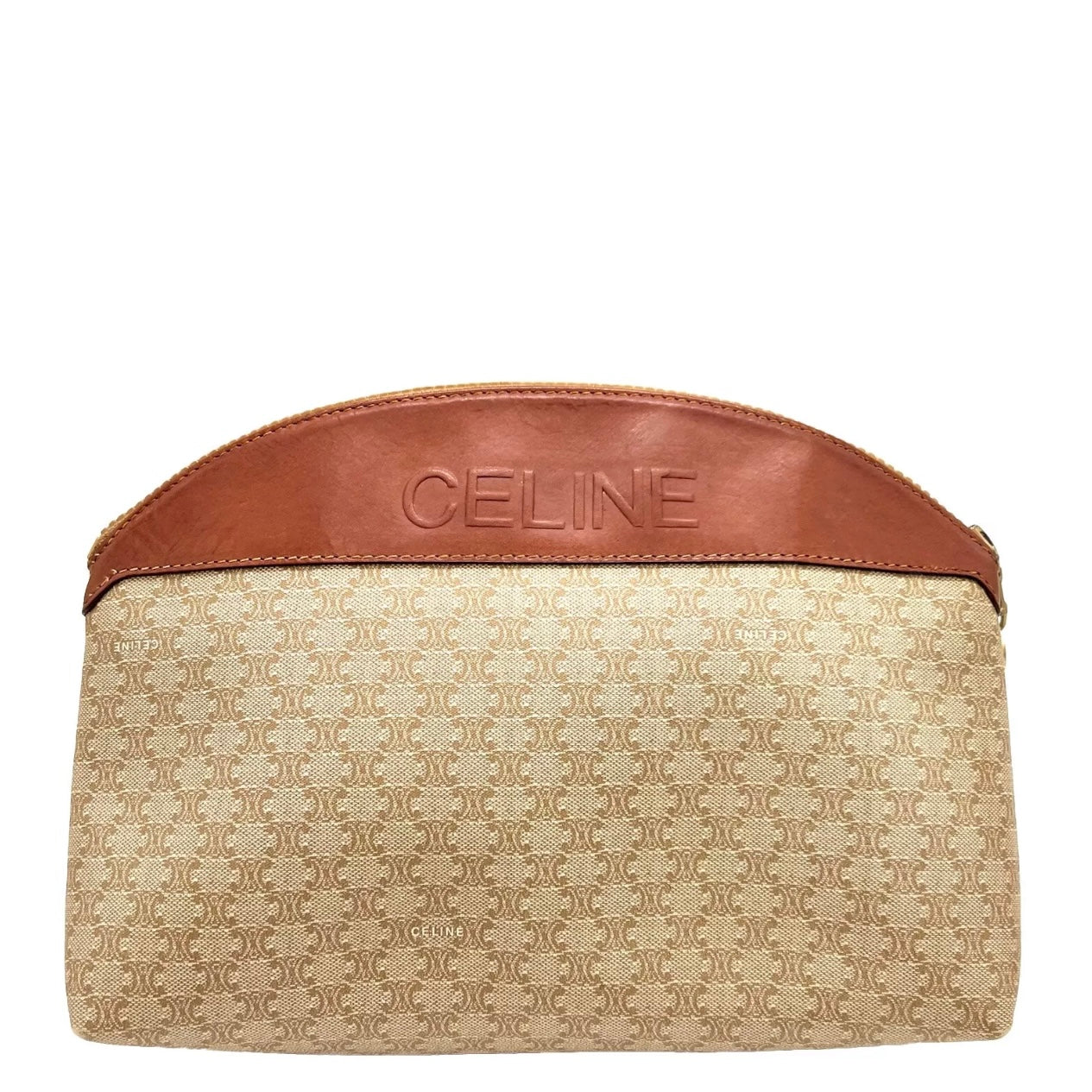 Celine Clutch Hand Bag Pouch Macadam PVC Leather Beige Brown