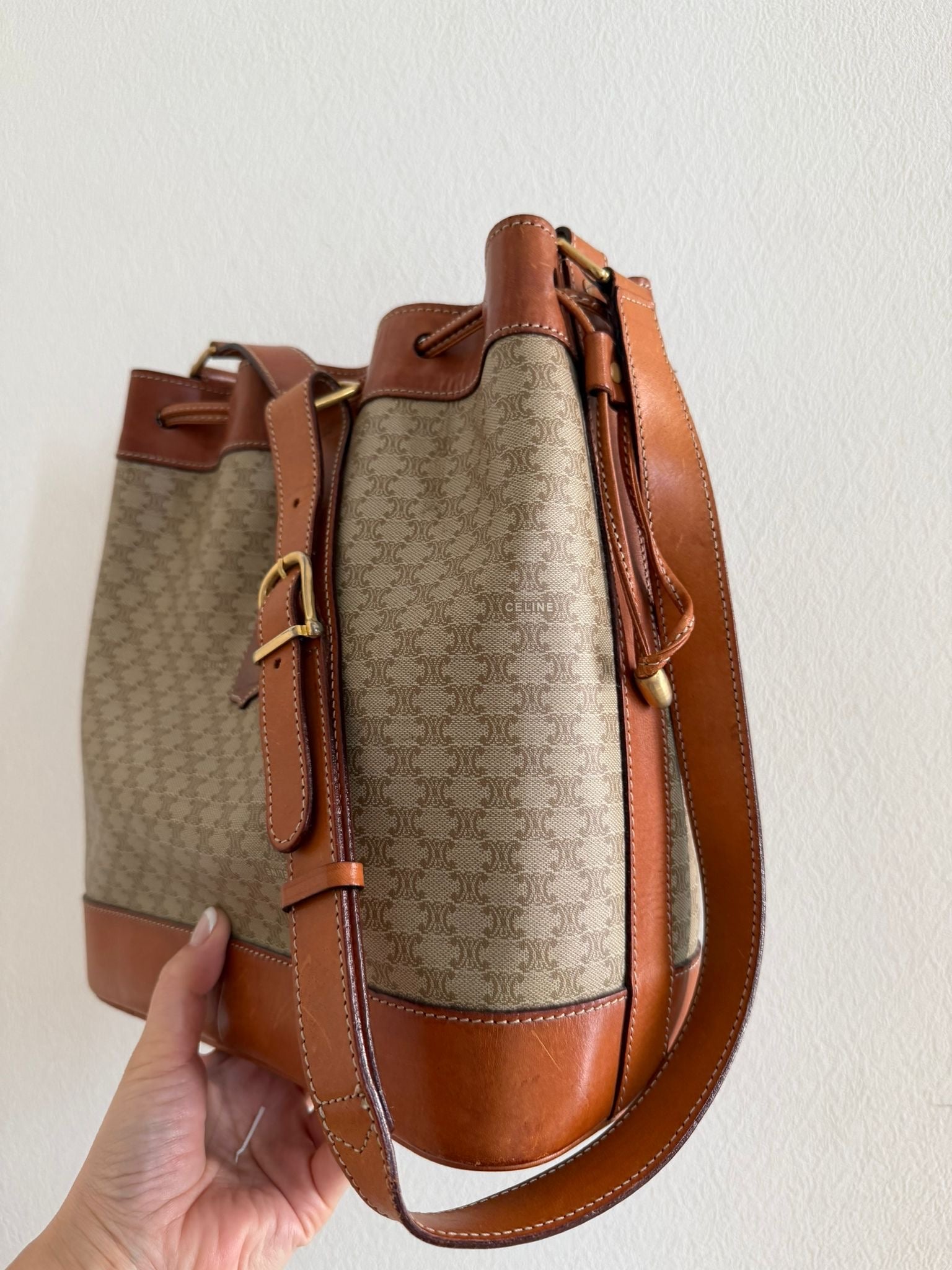 Celine Macadam Drawstring Shoulder Bag - Beige, PVC 