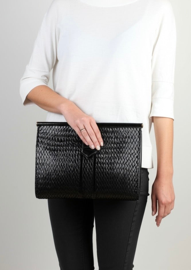 YVES SAINT LAURENT Vintage Clutch Hand Bag Leather Black