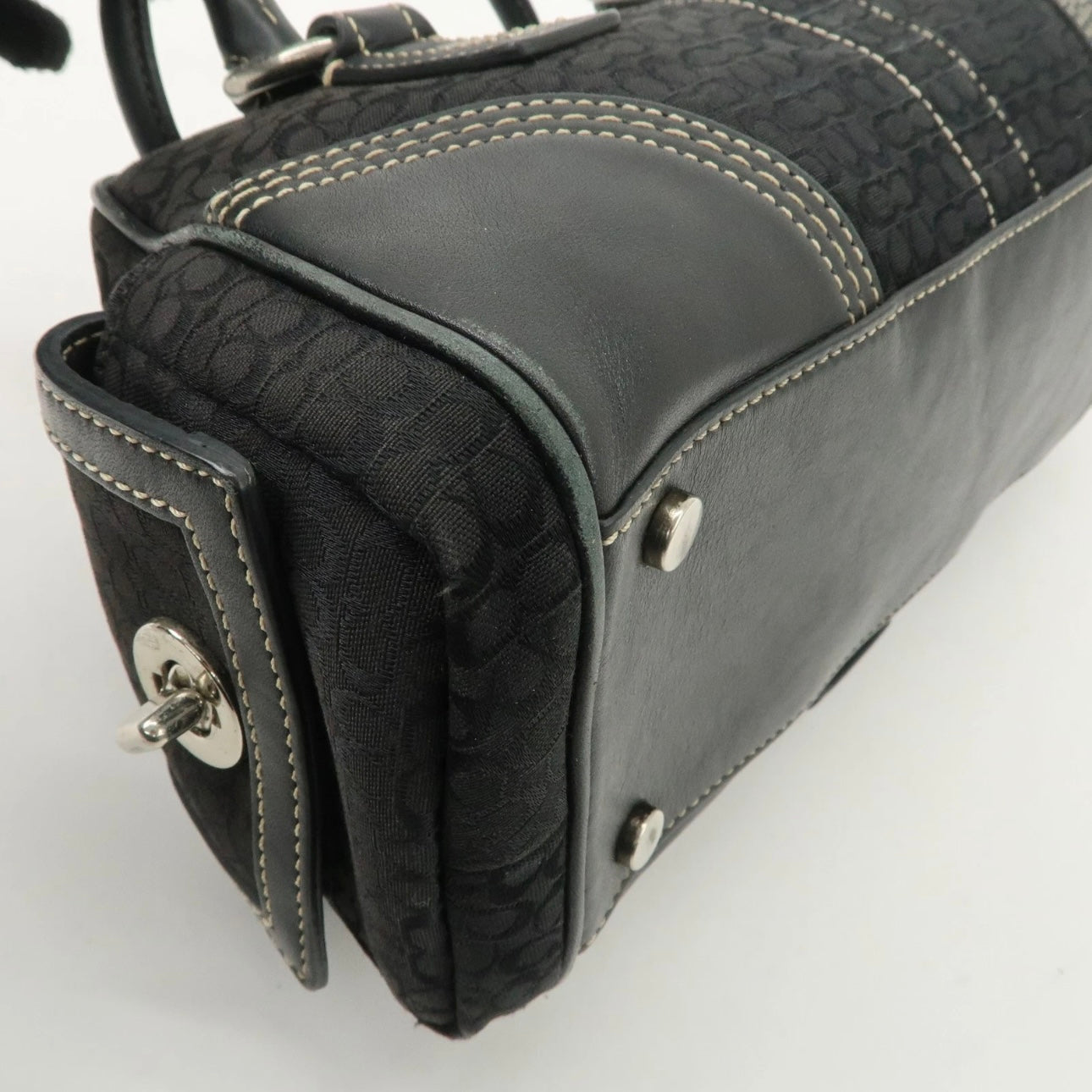 COACH Leather Canvas Hand Bag Brown Silver
