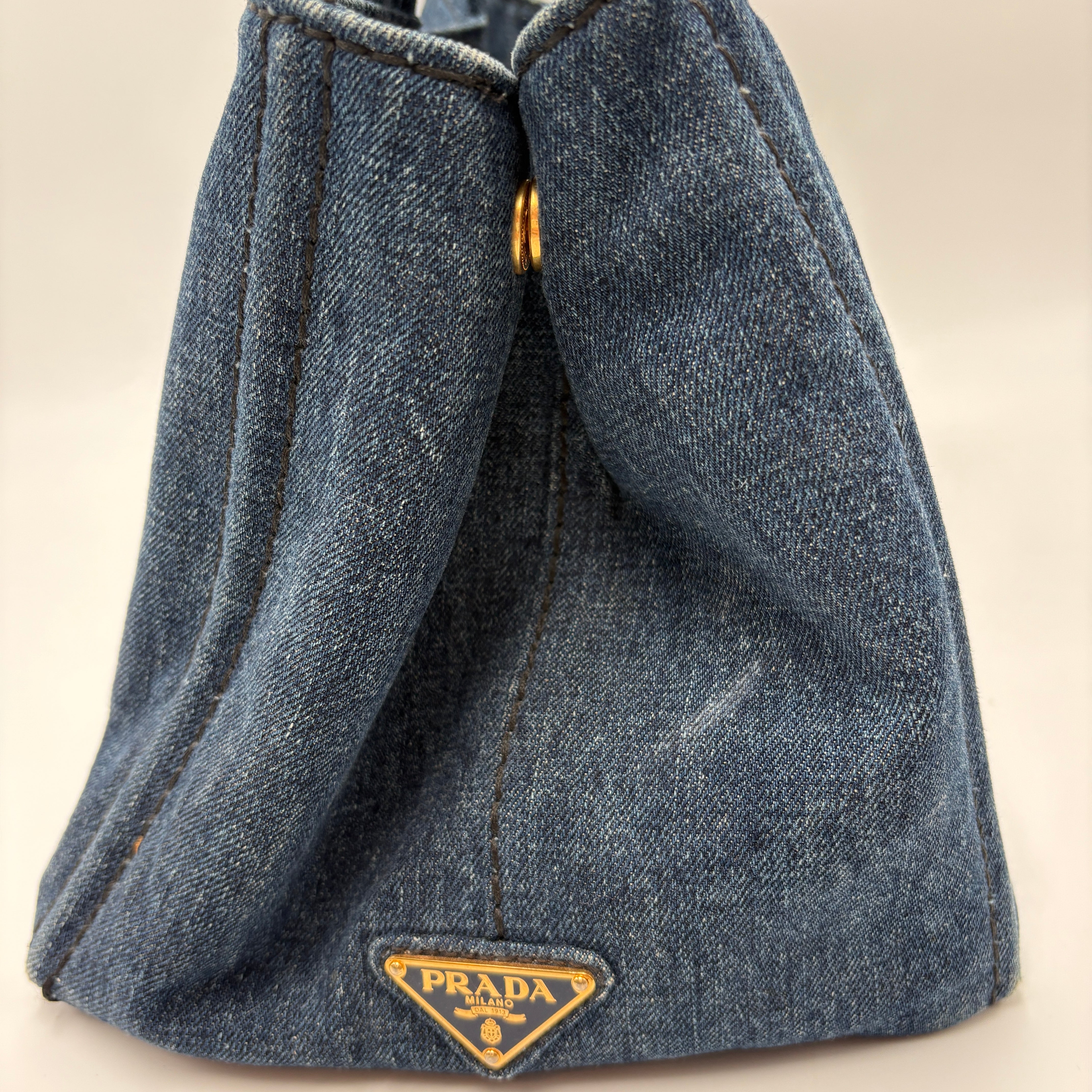 PRADA CANAPA LARGE CANVAS TOTE BAG HAND BAG DENIM BLUE