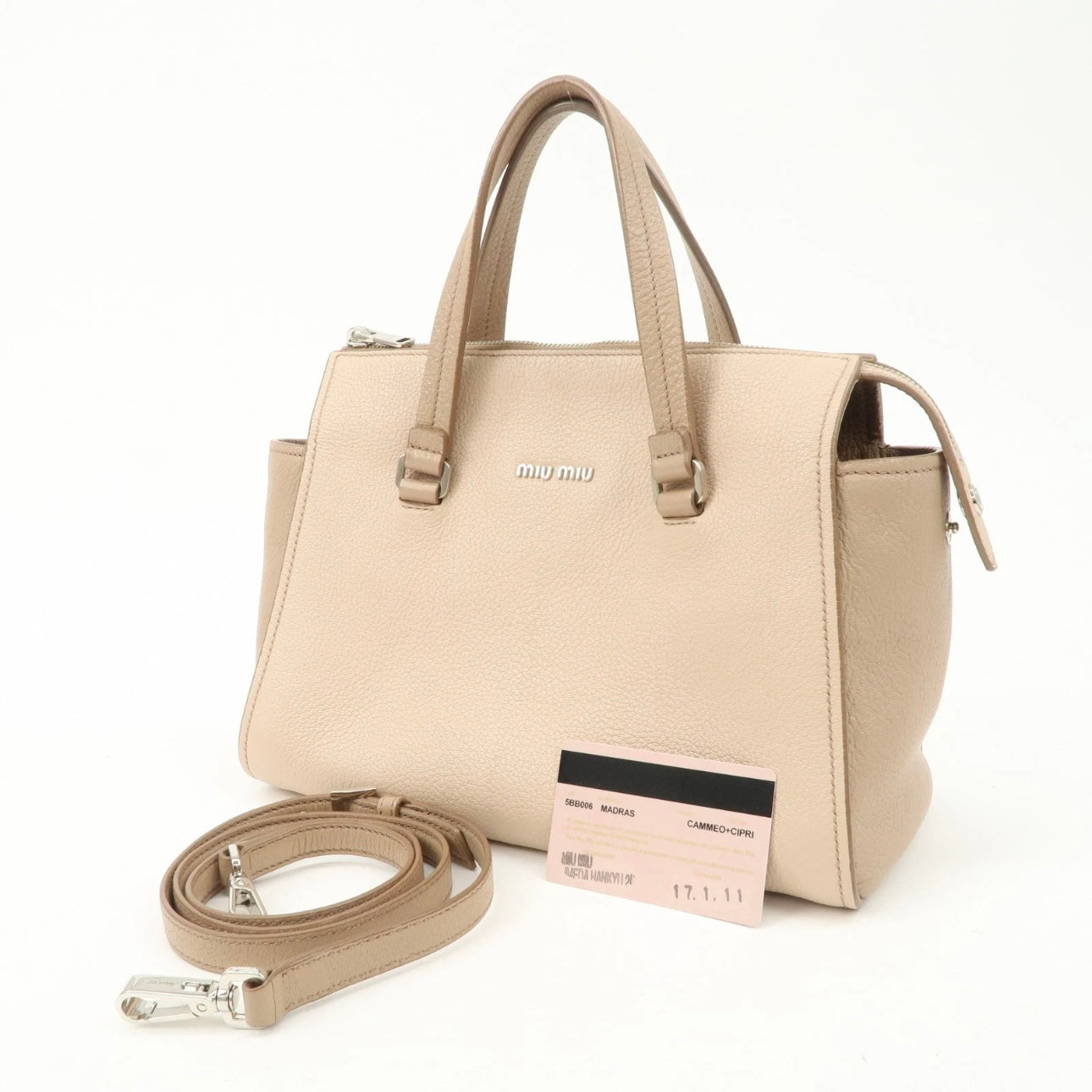 MIU MIU Leather 2Way Hand Bag Beige Pink Beige